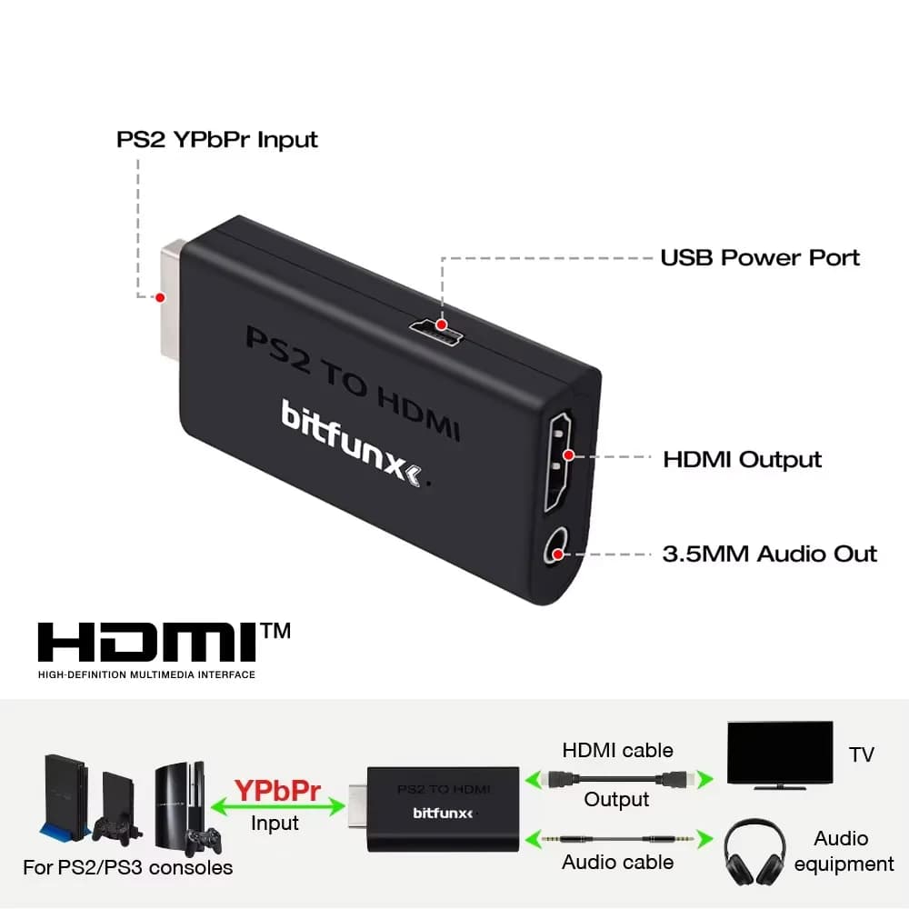 BitFunx PS2 YPBPR to HDMITM Converter Adapter for PS2 Fat/Slim/PS3 console with 3.5 mm video audio cable