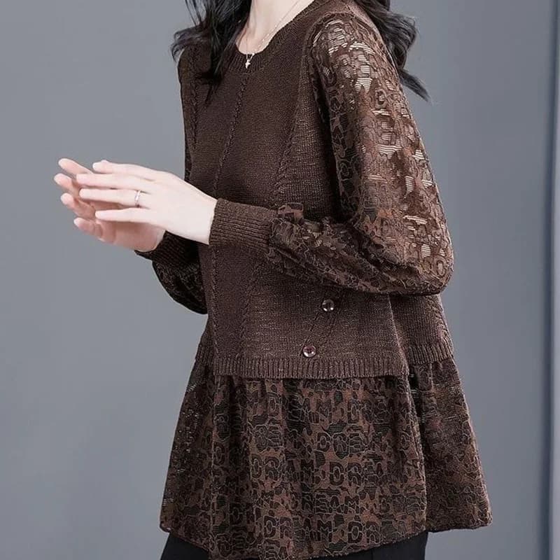 Fashion Lace Fake Two Pieces Top Tee Female Autumn New Oversized Loose Bottoming Shirt Ladies Elegant Lantern Sleeve T-Shirts
