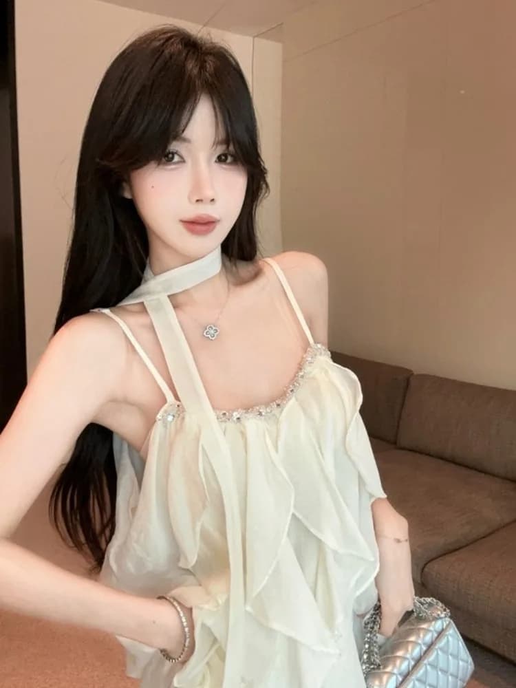 Elegante Abito Corto Estivo da Donna con Strass e Pizzo, Vestito Senza Spalline Puro e Sensuale con Fascia, Stile Coreano