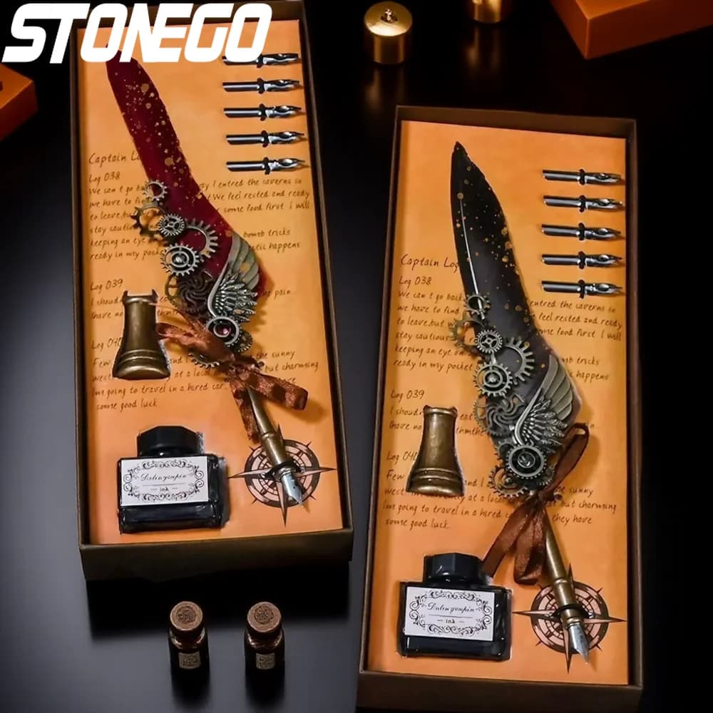 Vintage Wing Design Dip Pen Set Classic Feather Calligraphy Pen with Ink Bottle for Art Signature Craft Writing Supplies