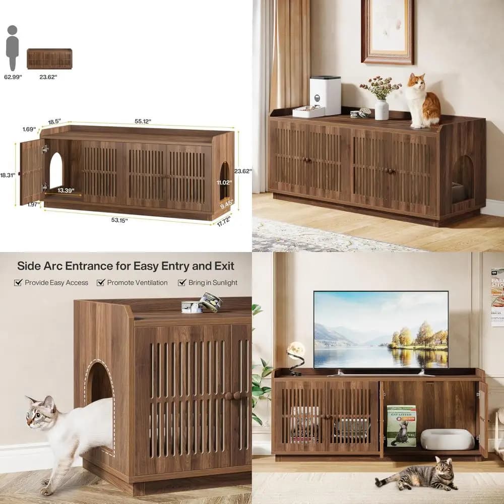 Mobiletto Lettiera per Gatti Extra Large da 55,1 Pollici con 2 Armadietti e Ingresso Laterale, Toilette in Legno XL per Soggiorno