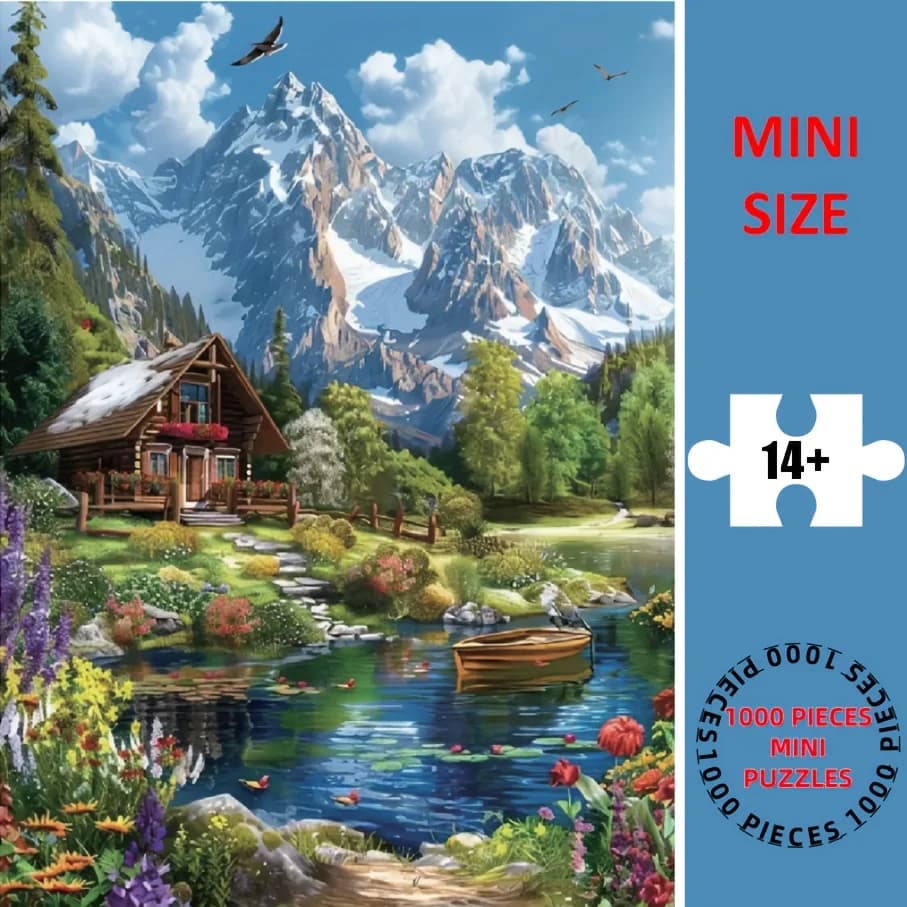 Mini Puzzle - Villa sul Lago e Scena di Montagna Innevata, Puzzle in Carta Vivace per Adulti, Perfetto per Pasqua, Pesce d'Aprile