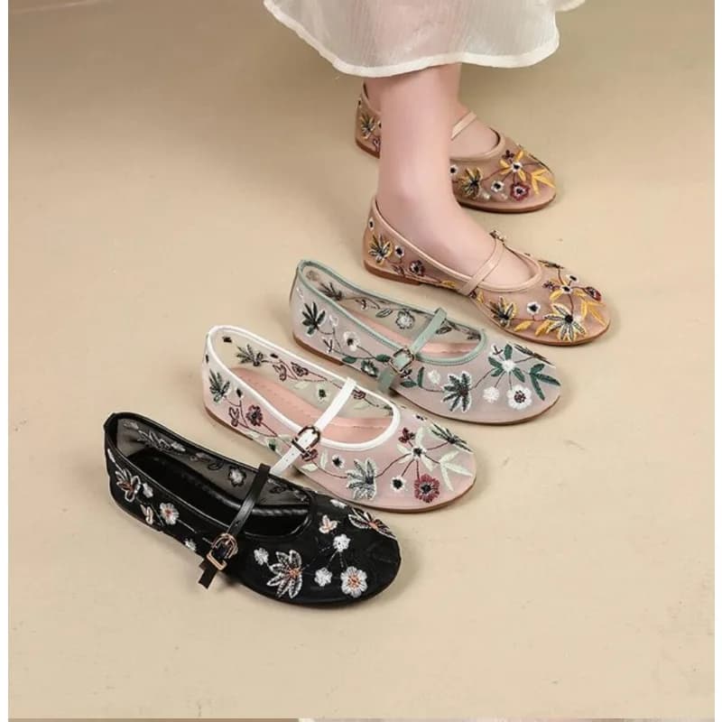 2026 Summer Mesh Embroidered Flower Ballet Flats Women Light Breathable Mary Jane Shoes Luxury Female Designer Flats Dress Shoe