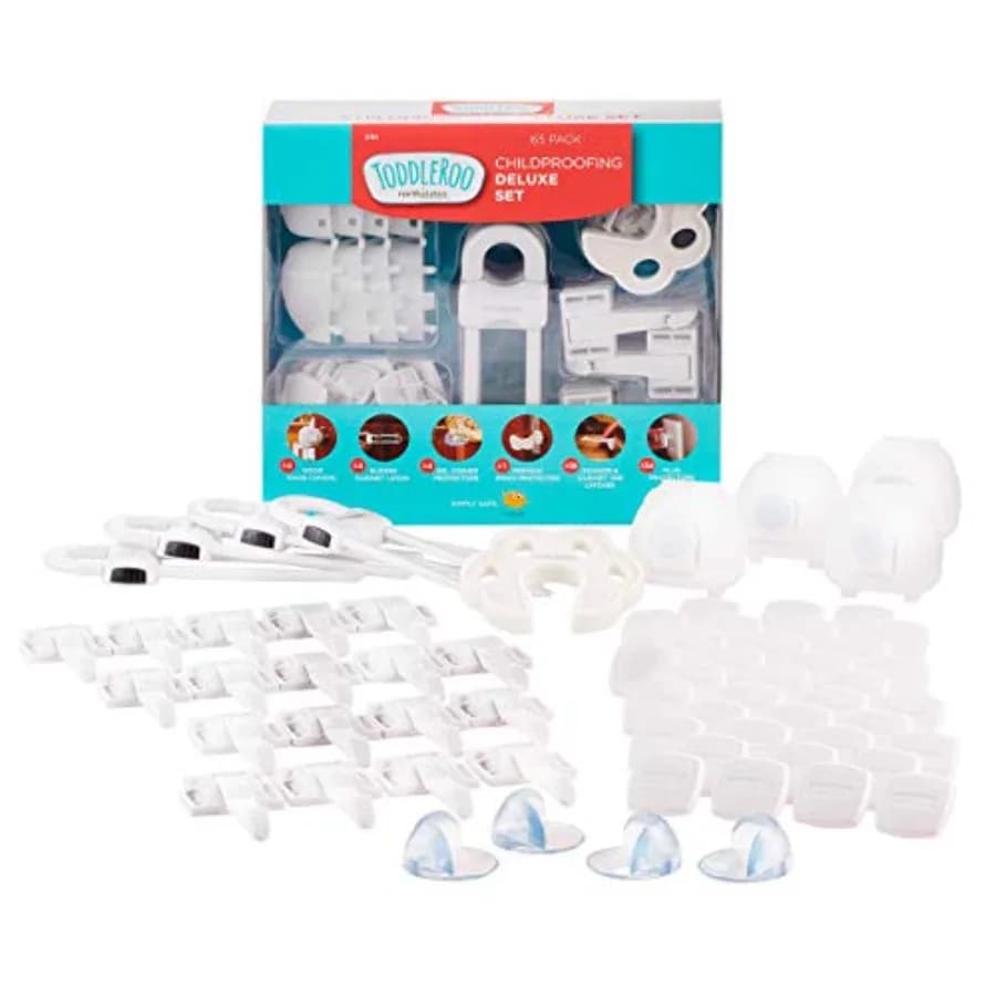 Toddleroo di North States - Kit Deluxe per la sicurezza dei bambini: 4 copri manopole, 4 serrature scorrevoli per armadietti, 4 protezioni angolari in gel, 1 blocco per porta