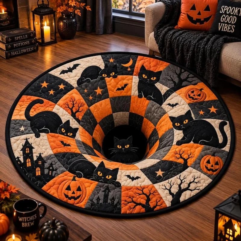 Optical Illusion Vortex Black Cat Halloween Round Rug Non Slip Pumpkin Bat Tree Pattern Indoor Home Floor Decor