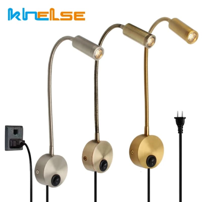 Lampada da parete a LED a collo di cigno in bronzo da 3 W con cavo di spina Tubo flessibile Sconce Camera da letto Lettura sul comodino Montaggio a parete Illuminazione spot AC85-265V
