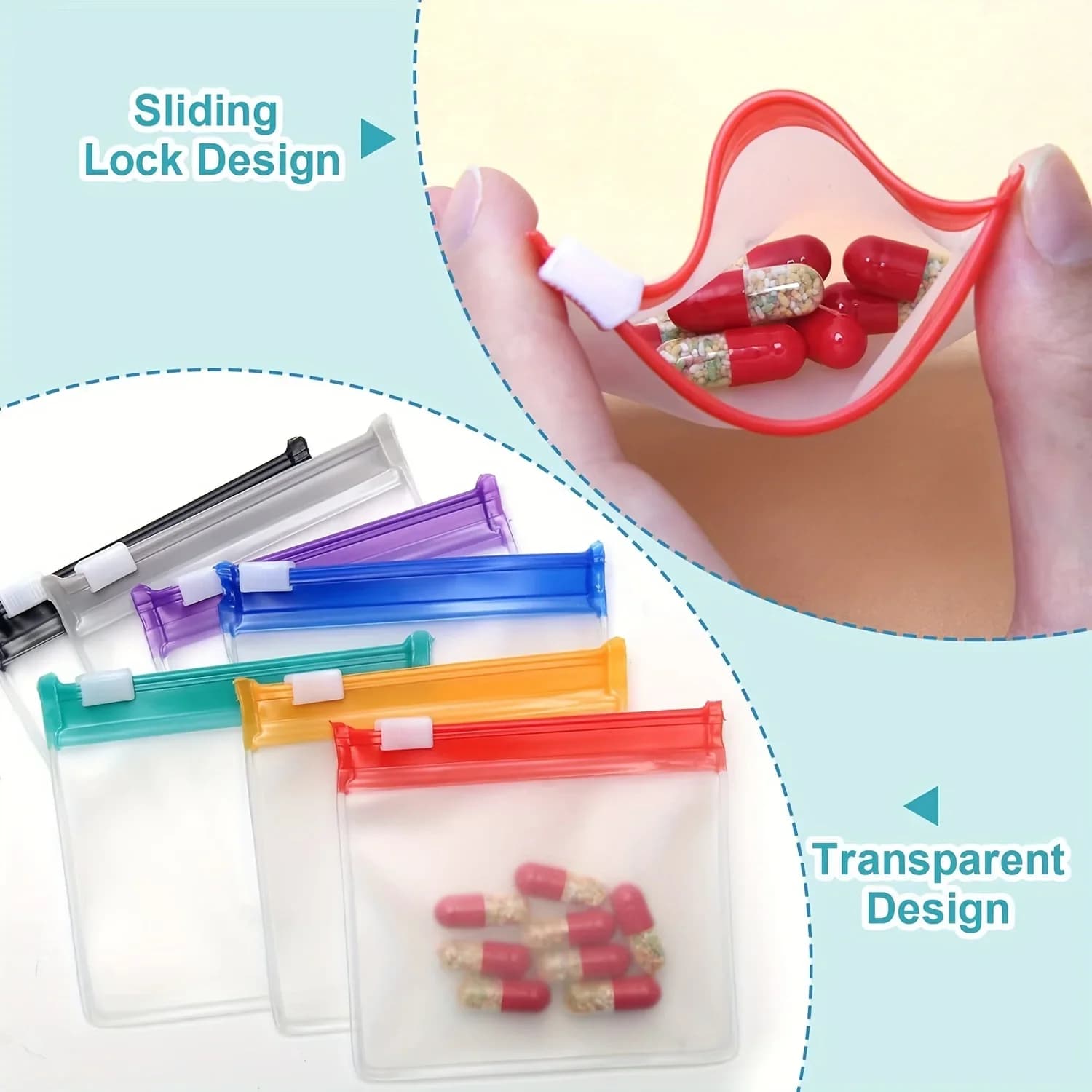 7 pcs bags for reusable pills with zipper set of organizer pills for medicines 7 colors bags for self-sealing medicines