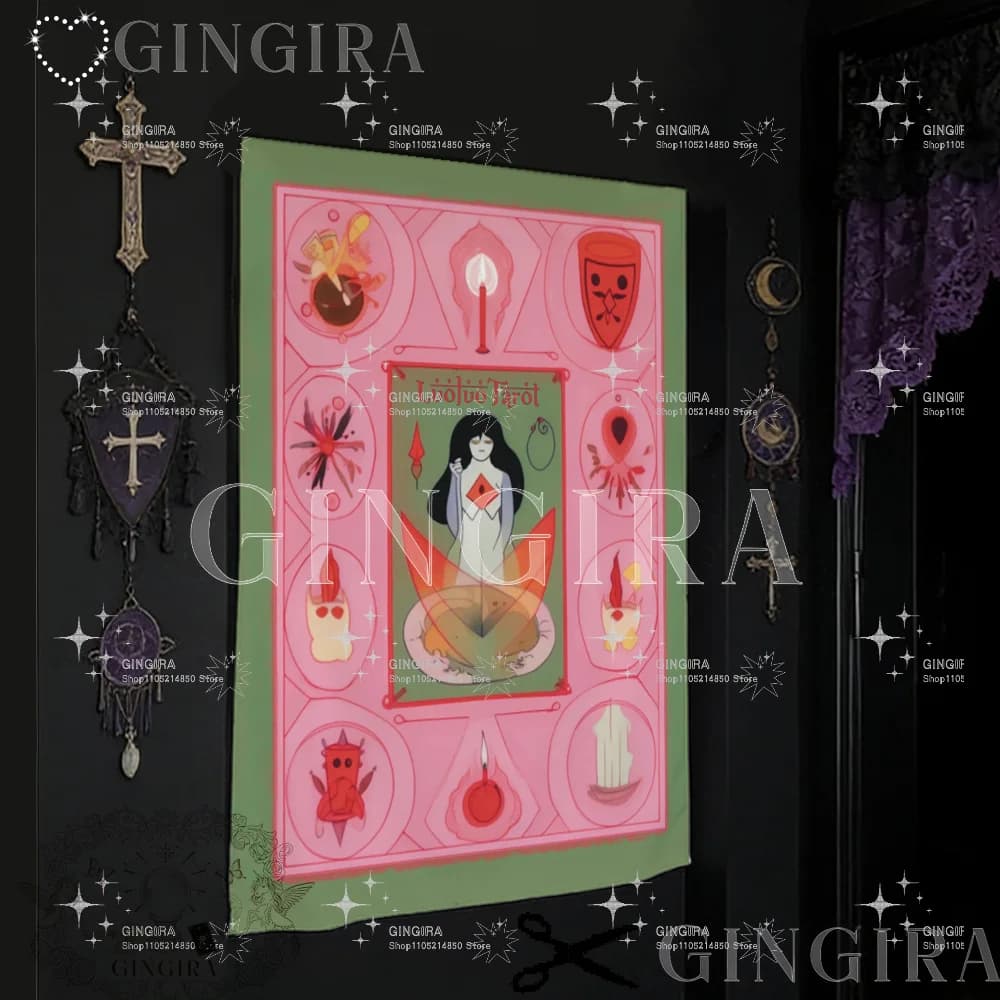 Arazzo da Parete Tarocchi Occulti Rosa Verde Simbolo Candela Strega Boho Gotico Estetico