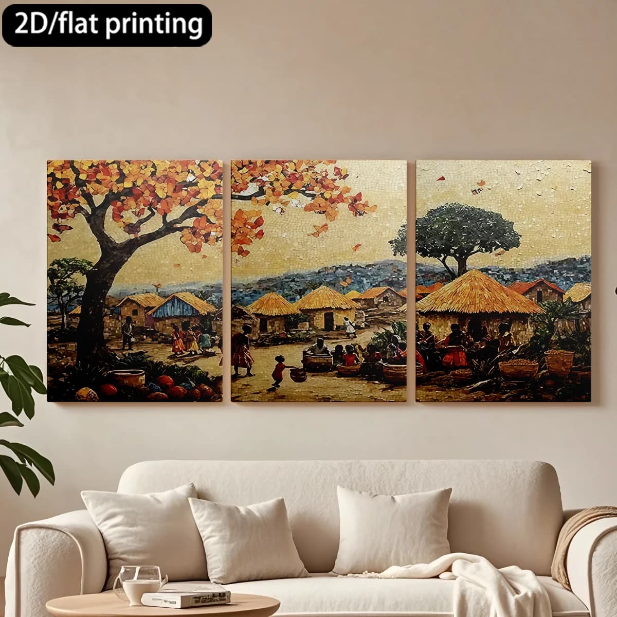 Dipinto decorativo su tela con cornice in legno, 3 pezzi, villaggio africano, capanni, persone, albero. Decorazione per corridoio, soggiorno.