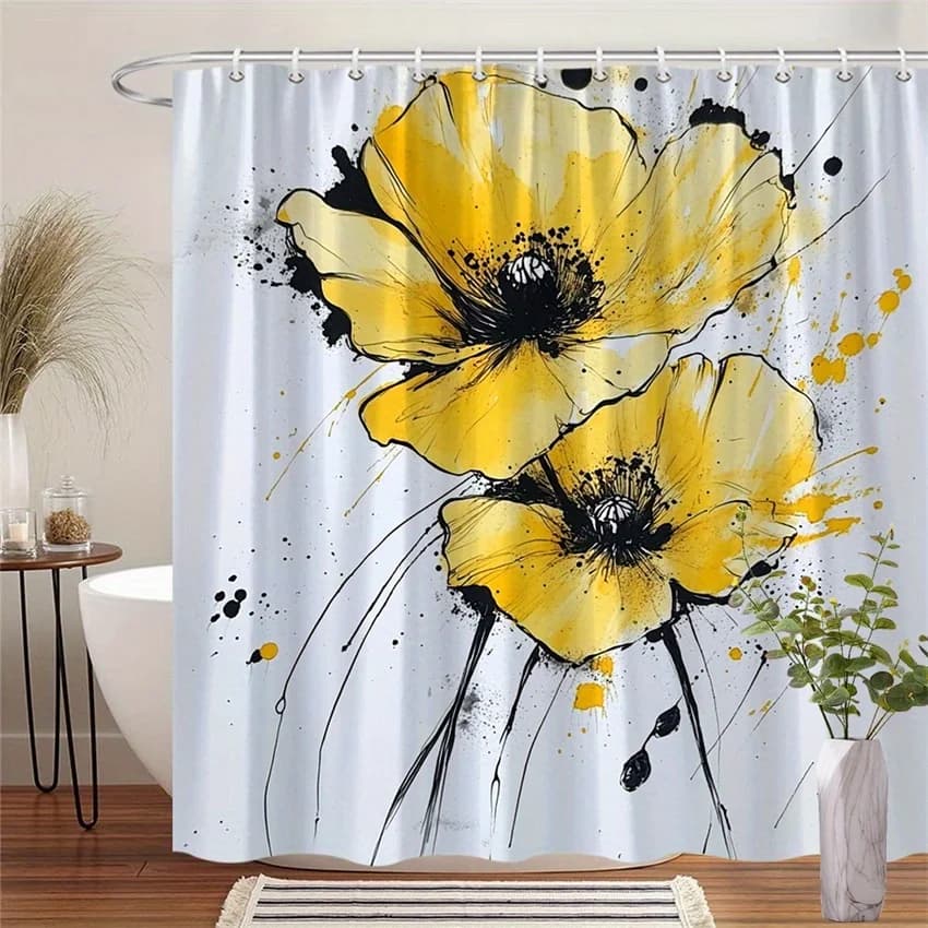 Tenda da doccia moderna con papavero giallo acquerello da 1 pezzo, tessuto in poliestere, lavabile in lavatrice, adatta per la decorazione del bagno