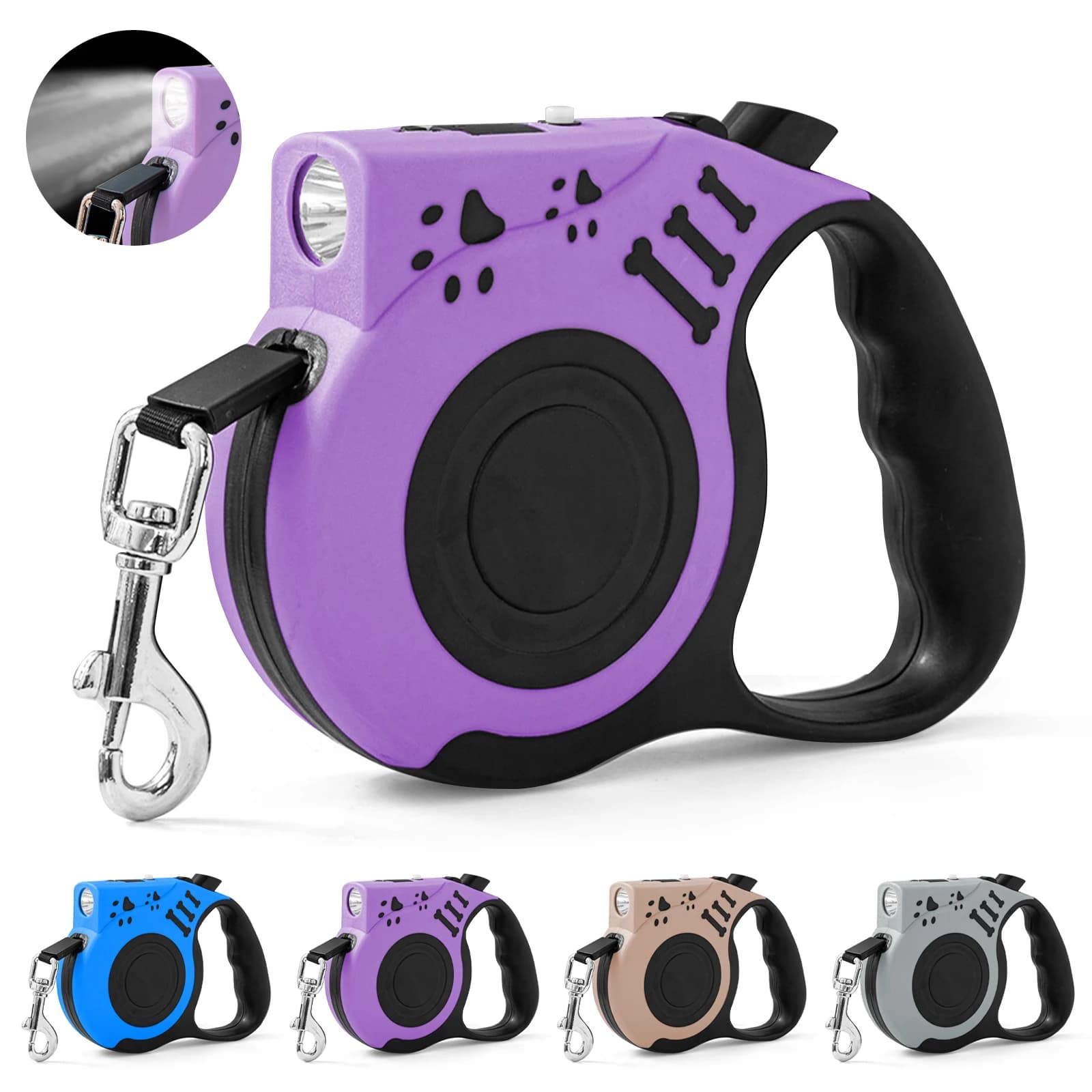 Guinzaglio per Cani Retrattile Automatico 16FT, Torcia Ricaricabile USB per Passeggiate Notturne, per Cani Piccoli/Medi, Beige