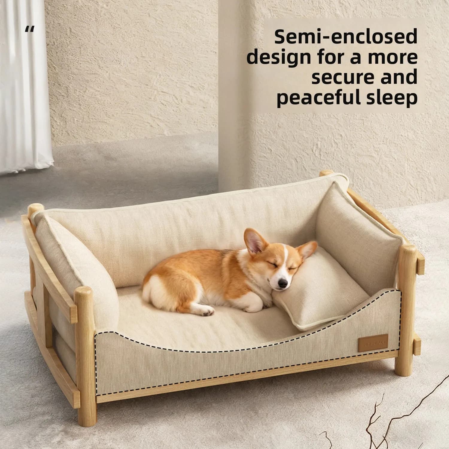 Solid Wood Pet Bed Elevated Dog Cot for Cats Puppies Medium Large Breed Semi Enclosed Design