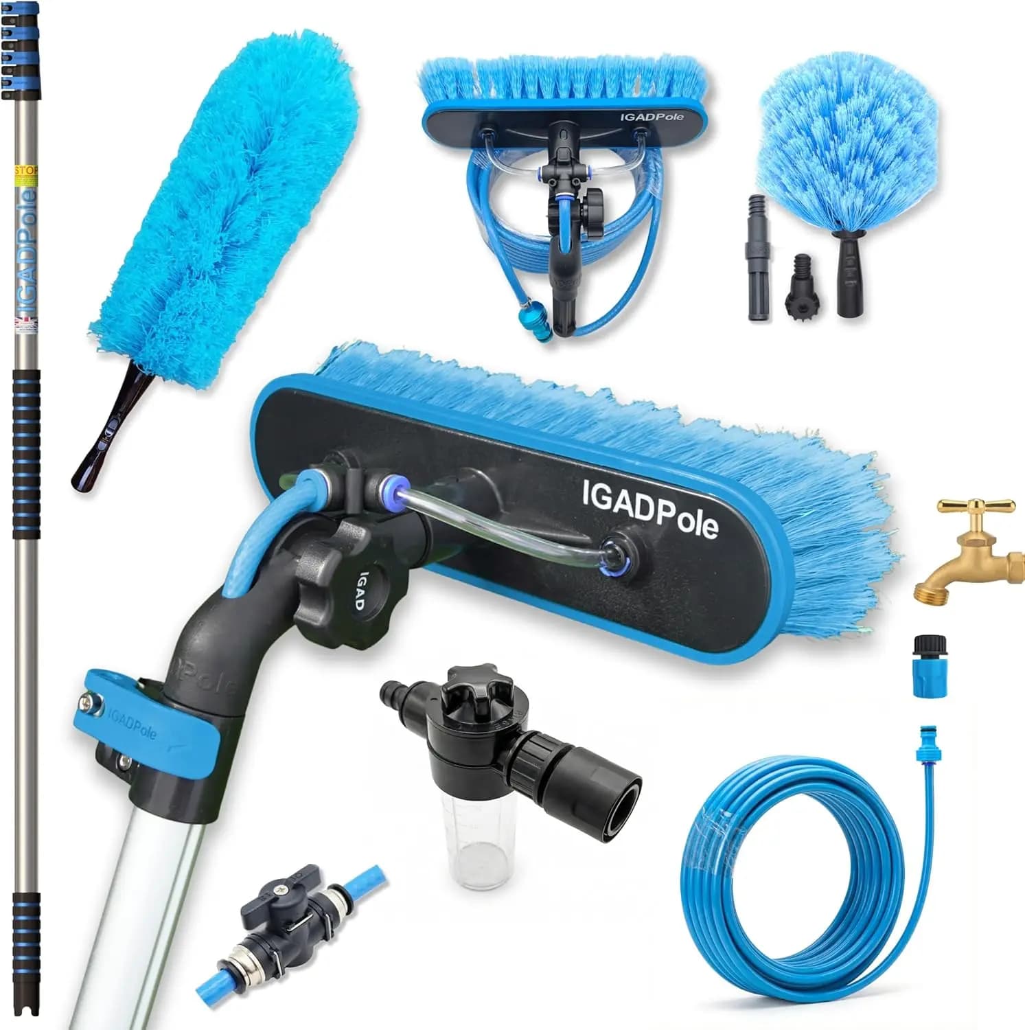 Kit di Pulizia Telescopico Estensibile da 5,2 m con Dispenser di Sapone, Spazzola e Spolverino per la Pulizia Sicura di Finestre Alte, Grondaie e Pannelli Solari
