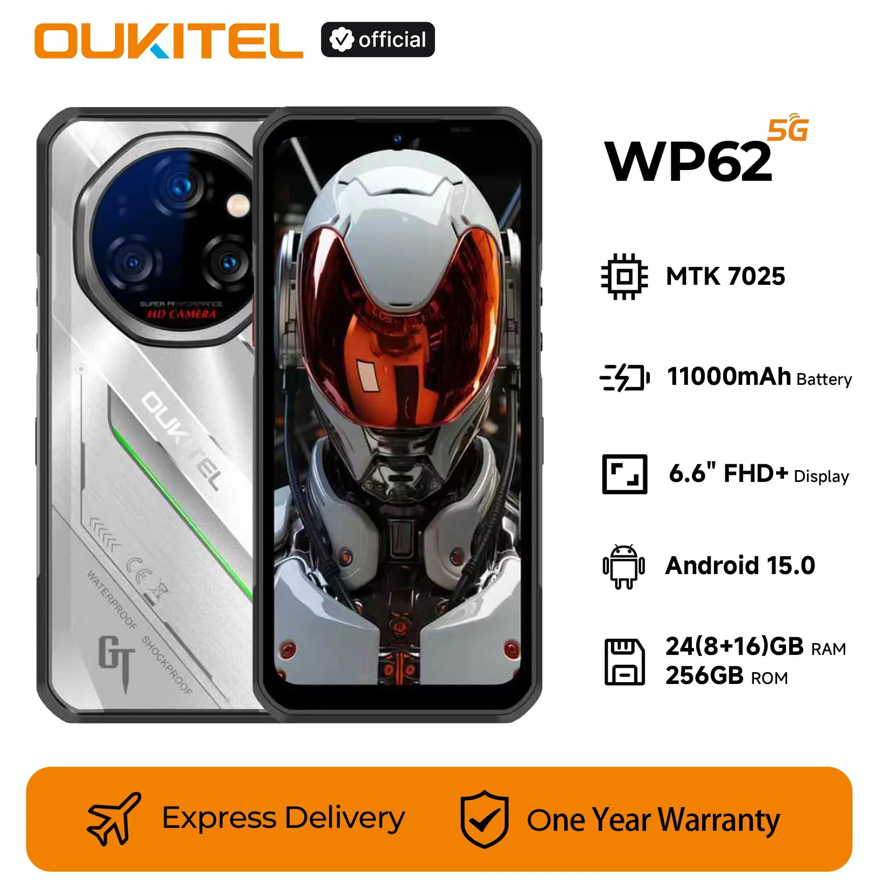 Oukitel WP62 11000mAh 5G Smartphone robusto 24GB(8+16) + 256GB ROM, 6,6" FHD+ 108MP Fotocamera Telefono cellulare Android 15 NFC Cellulare