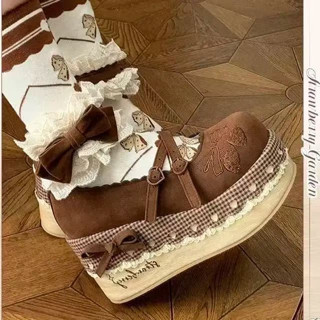 Mocassini with plateau in pastoral style with embroidery wood effect, original Lolita, for fairy princess cosplay, Kawaii party shoes