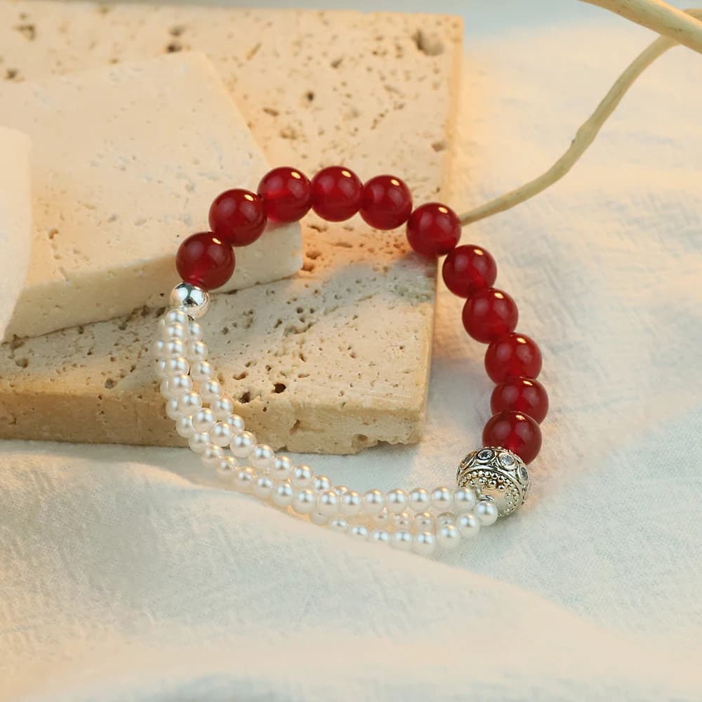 Handmade Asymmetric Red Agate Stretch Bracelet with Pearl, Fashion Dainty Beaded Chain for Women, Boho Chic Gift 1pc