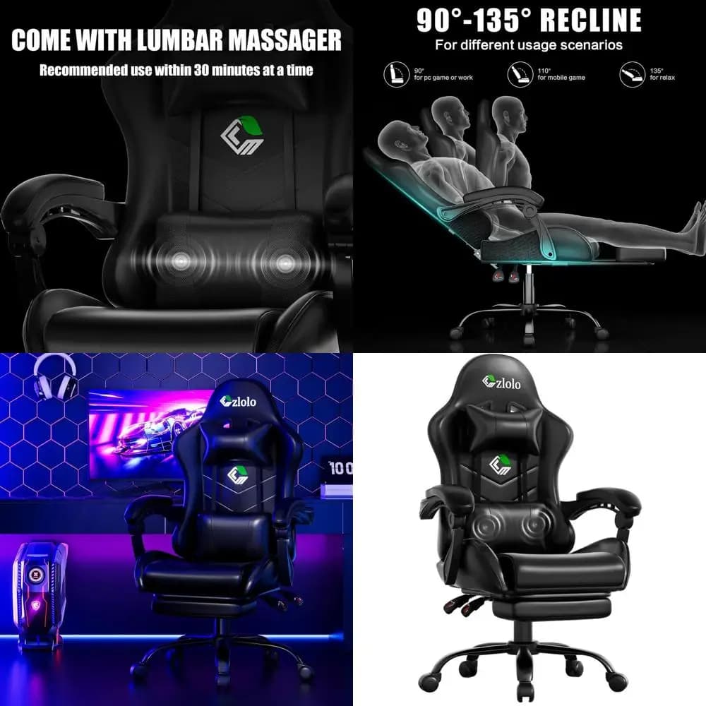 Sedia da gaming stile racing con massaggiatore lombare, sedia da scrivania girevole con schienale alto e gambe in metallo, nera