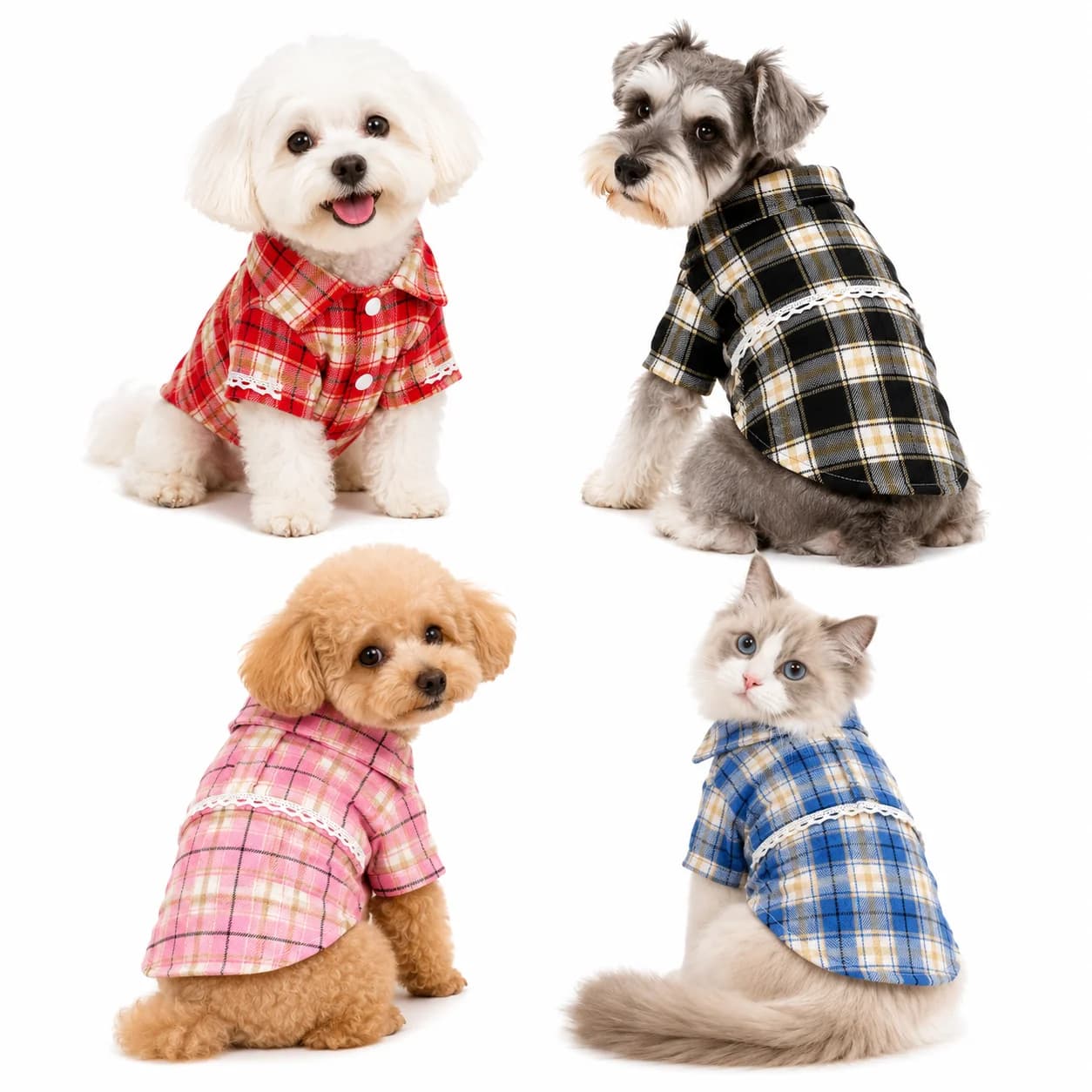 Plaid Dog Shirt Pet Clothes Cute Puppy Outfit Lace Back Snap Button Turn Down Collar For Small Dogs Chihuahua Yorkie