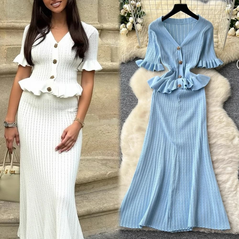 YuooMuoo 2026 Nuovo Arrivo Abito Lungo da Donna in Maglia Monopezzo Elegante con Scollo a V e Vita Sottile, Vestito Bodycon in Maglione Stile Coreano per Feste
