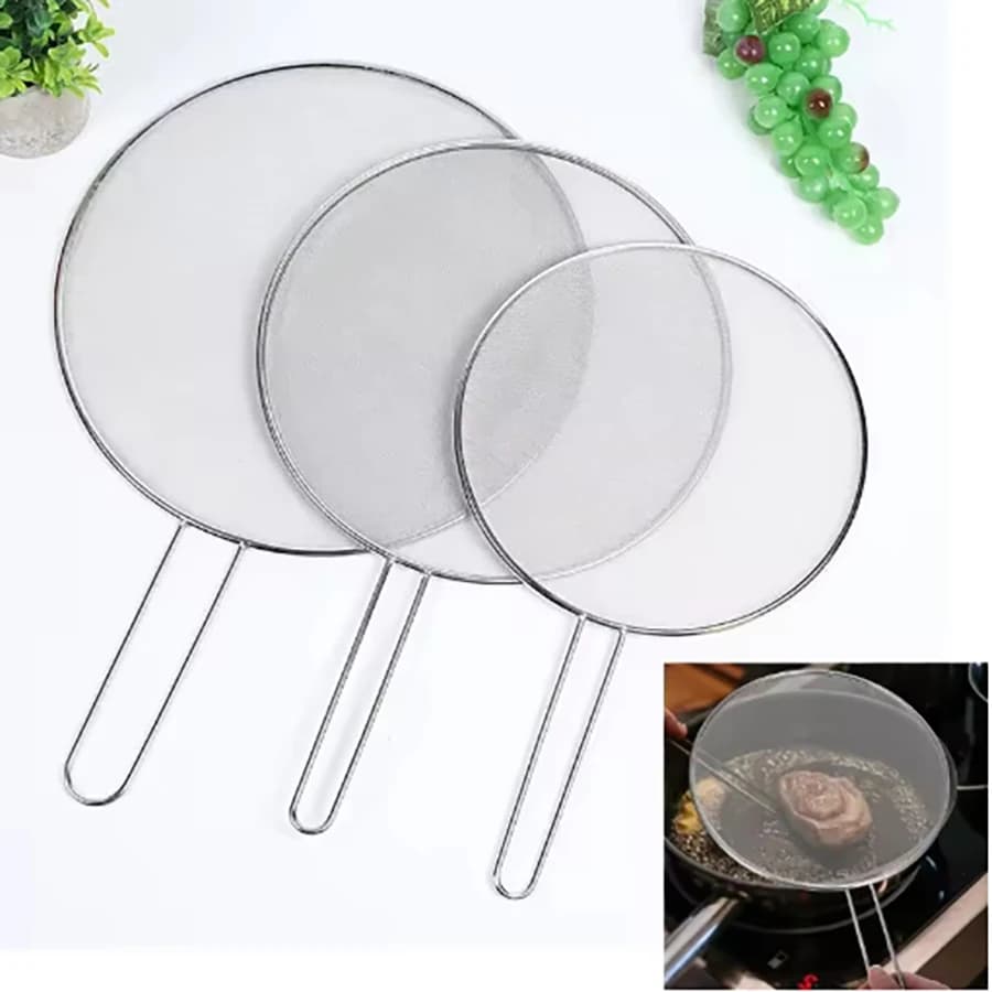 Set di schermi per schizzi da 3 pezzi per padella, protezione per schizzi d'olio in acciaio inossidabile, protezione per schizzi d'olio, copertura per spruzzi d'olio con manico