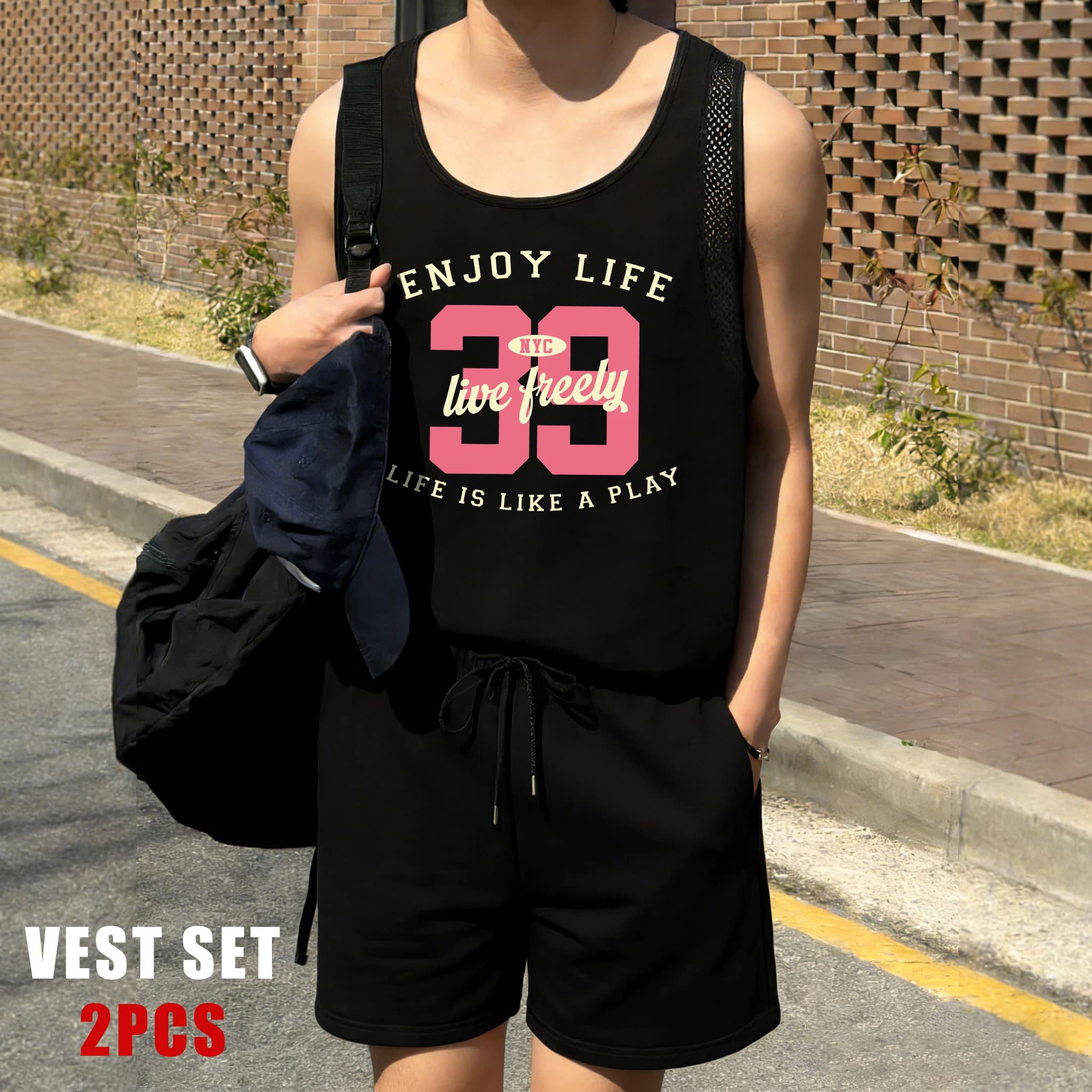 Life Is Like A Play Digit 39 Design Set Gilet Reticolare da Uomo, Pantaloncini Vintage alla Moda, Canotta Estiva Morbida, Abbigliamento Unisex con Scollo a O
