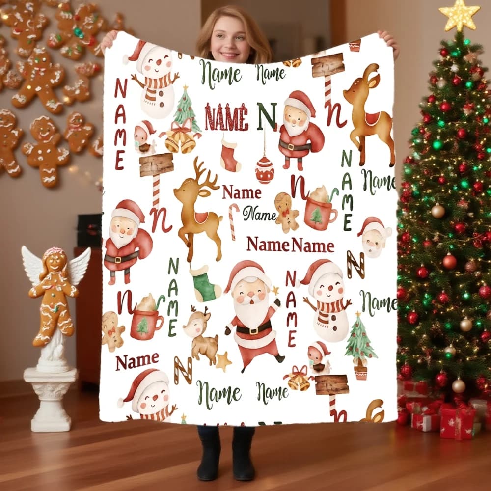 Personalized Christmas Blanket with Custom Name/Text - 280gsm Flannel All-Season Cozy Throw - Santa, Reindeer, Gingerbread & Sno