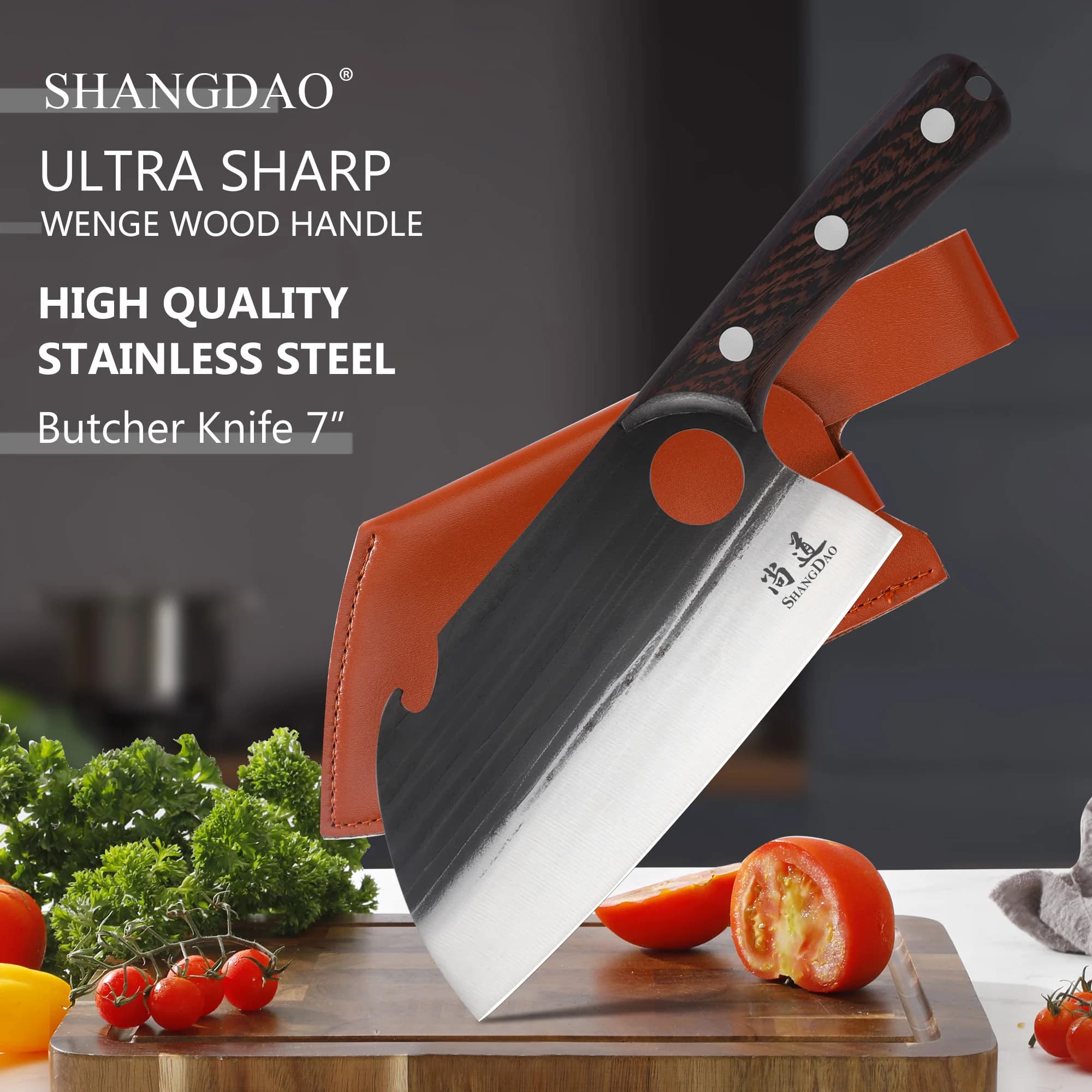 SHANGDAO 7"Deba Knife, Hand Forged Cleaver Butcher Knife for Meat Cutting, Japanese Kitchen Viking Knife with Sheath
