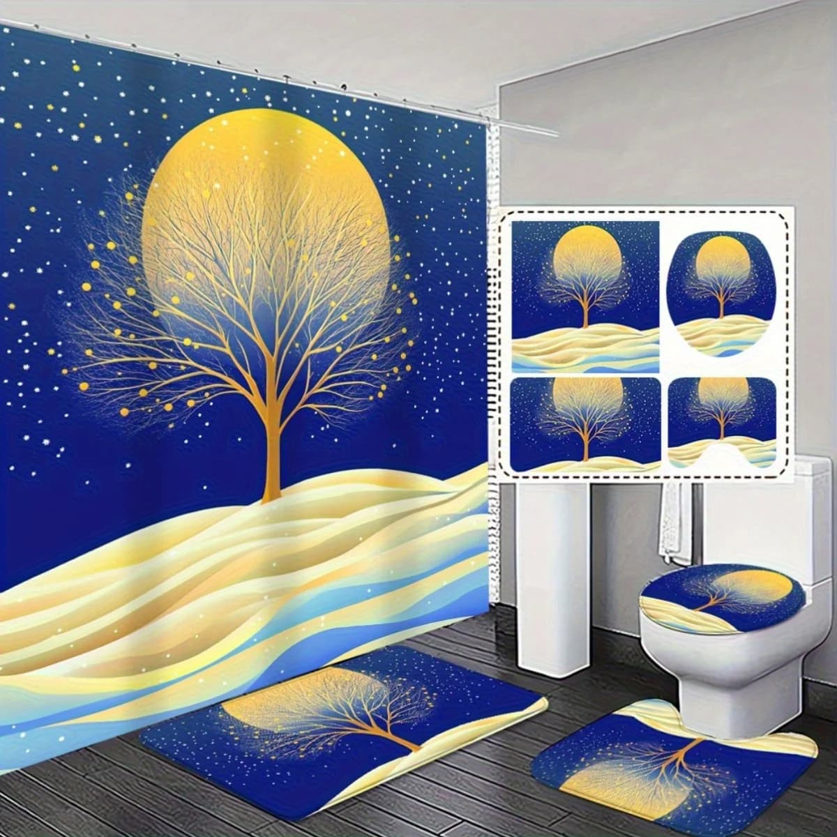 Set tenda da doccia personalizzata semplice e alla moda da 4 pezzi e set tappetino da bagno antiscivolo - Design elegante dell'albero per il bagno moderno