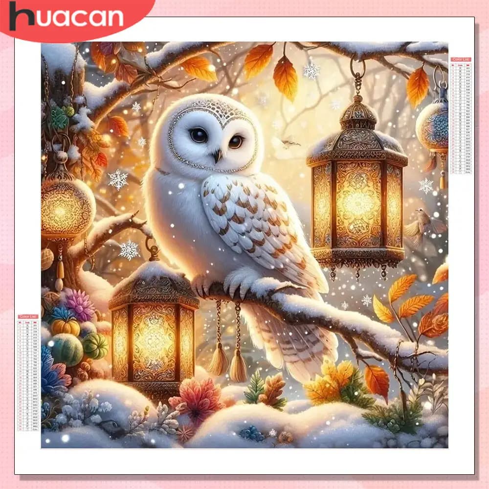 HUACAN 5D Diy Diamond Painting Owl Animal Full Drill Wall Decor Diamond Mosaic Winter Cross Stitch Rhinestones