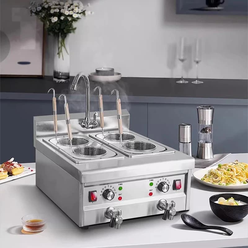 Fornello per noodle da tavolo commerciale 4 cestelli Macchina per cucinare caldaia per pasta elettrica 220V con rubinetto di drenaggio in acciaio inossidabile