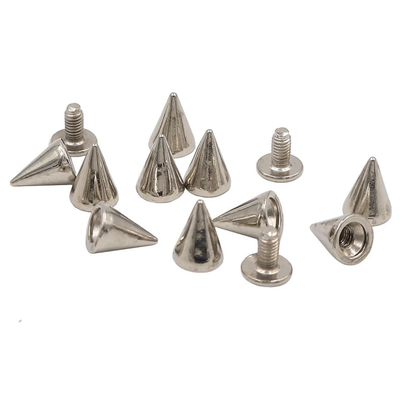 7*10mm 100 set Argento Punk Spike Cono Macchie Borchie in metallo Rivetti artigianali in pelle Proiettile Vestiti Borse Cintura Collari per animali Rivetti per indumenti