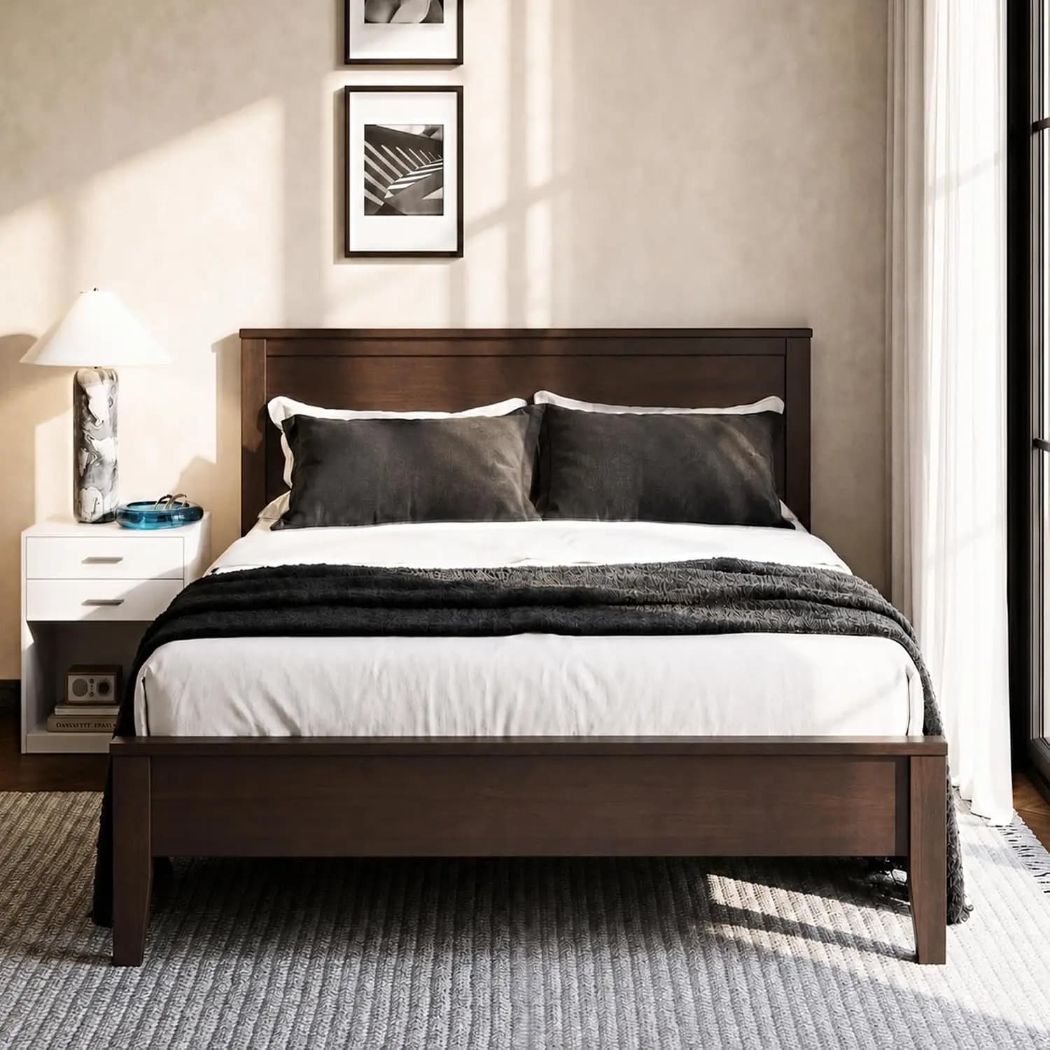 Queen Size Bed Frame with Tall Headboard, Pine Solid Wood Platfrom | Wooden Slats Support, No Box Spring Needed,, Customized