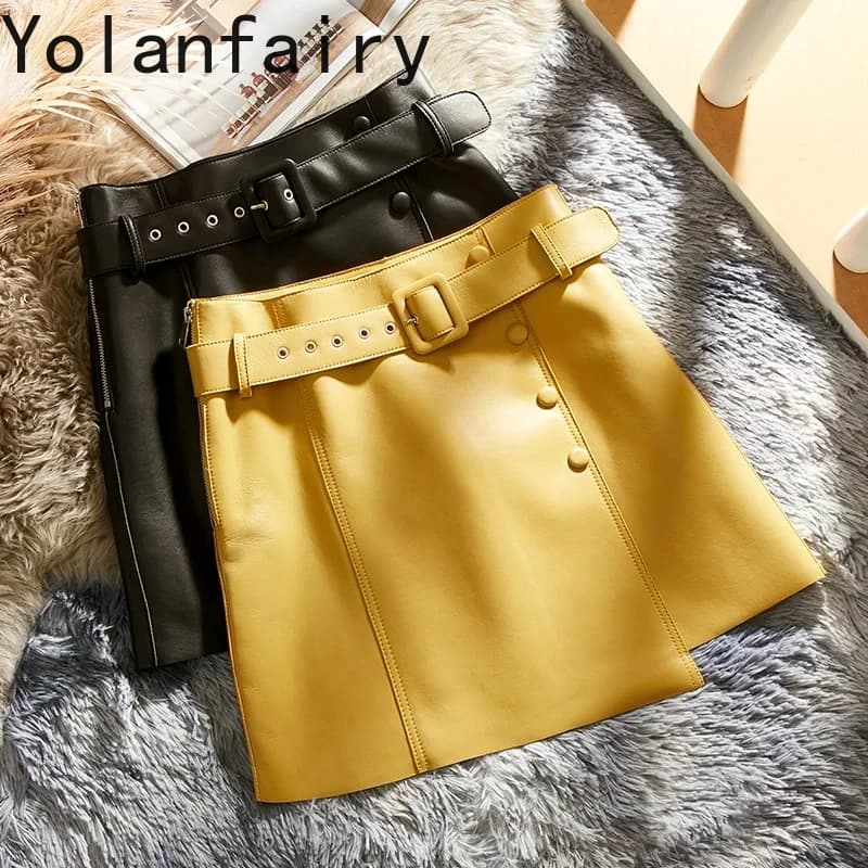 Gonna in vera pelle per le donne Nuova primavera autunno Elegante vera pelle di pecora Gonne in pelle Cintura coreana Gonne irregolari Jupe Femme