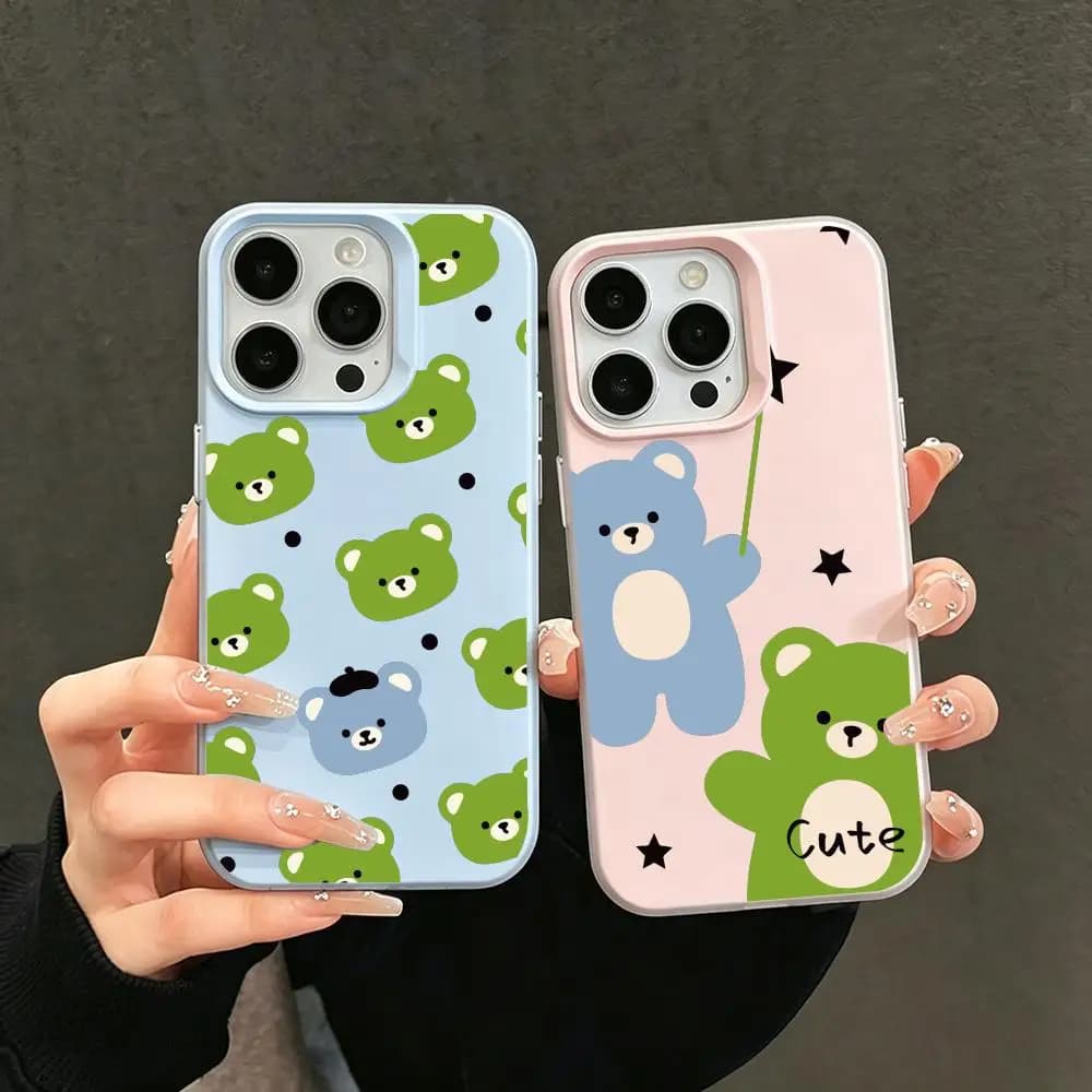 Custodia per telefono a forma di orsetto cartone animato blu-verde, effetto gelatina, 2 in 1 a doppio strato, con design dopamine, compatibile con iPhone 17/16/15/14/13/12
