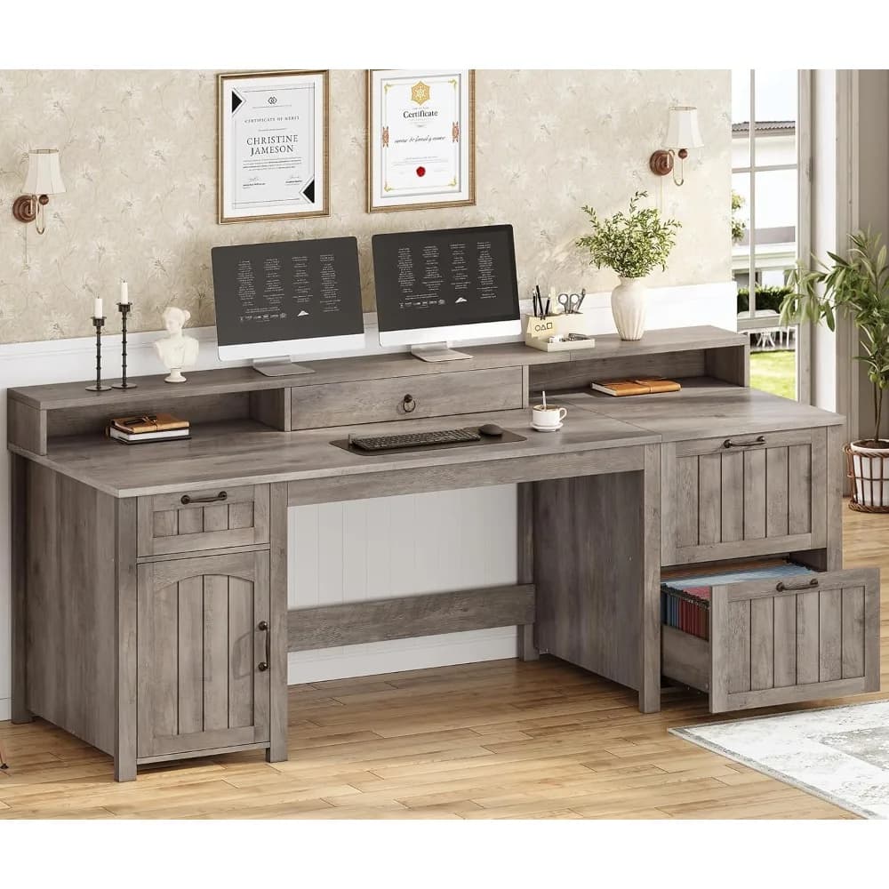 US Shipping Farmhouse 63 Executive Wood Computer Desk with Drawers Storage Cabinet File Drawer Monitor Stand Home Office Desk