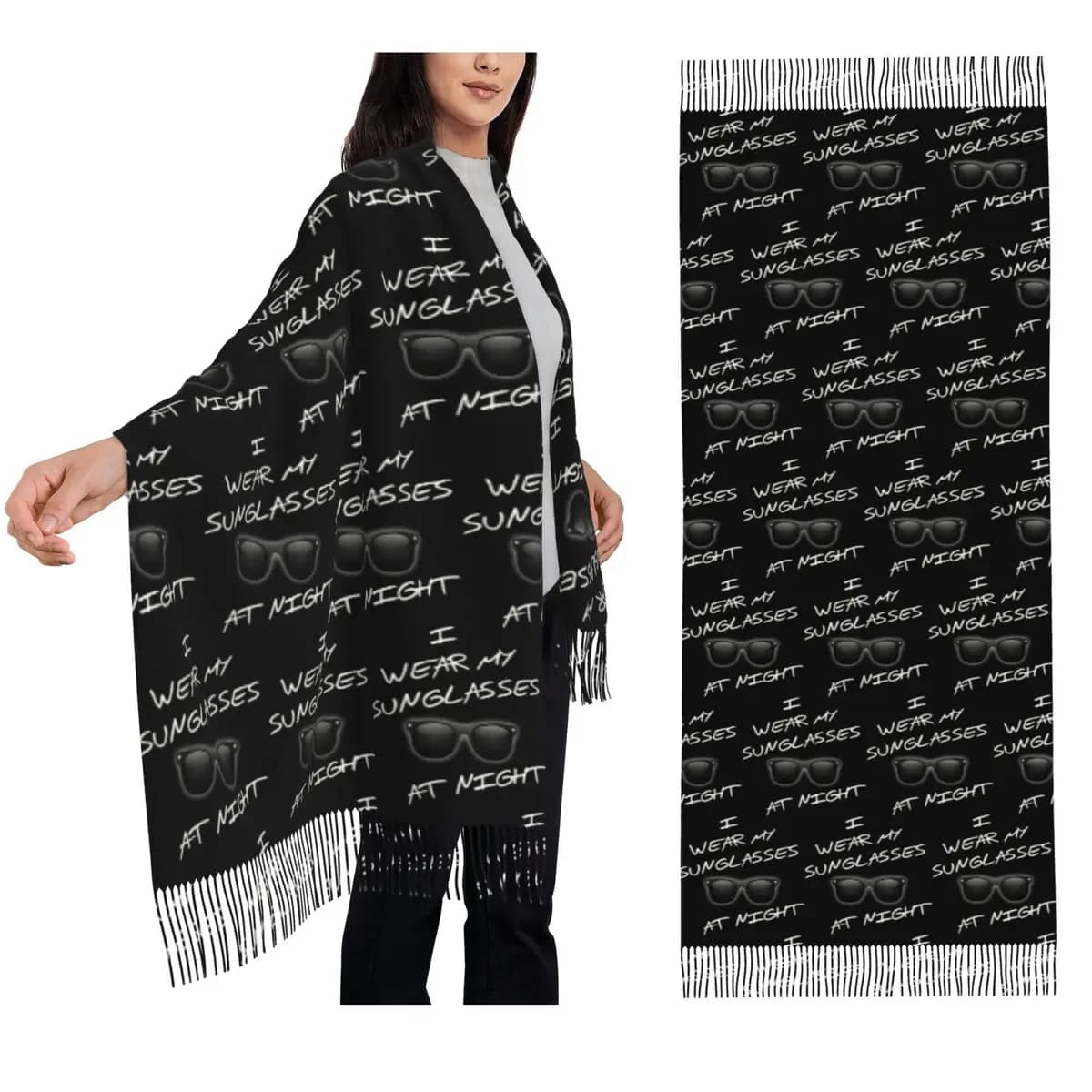 Wearing my sunglasses at night Scarf Scarf with tassels Scialli and soft and hot stoles from woman Great autumn winter shawl