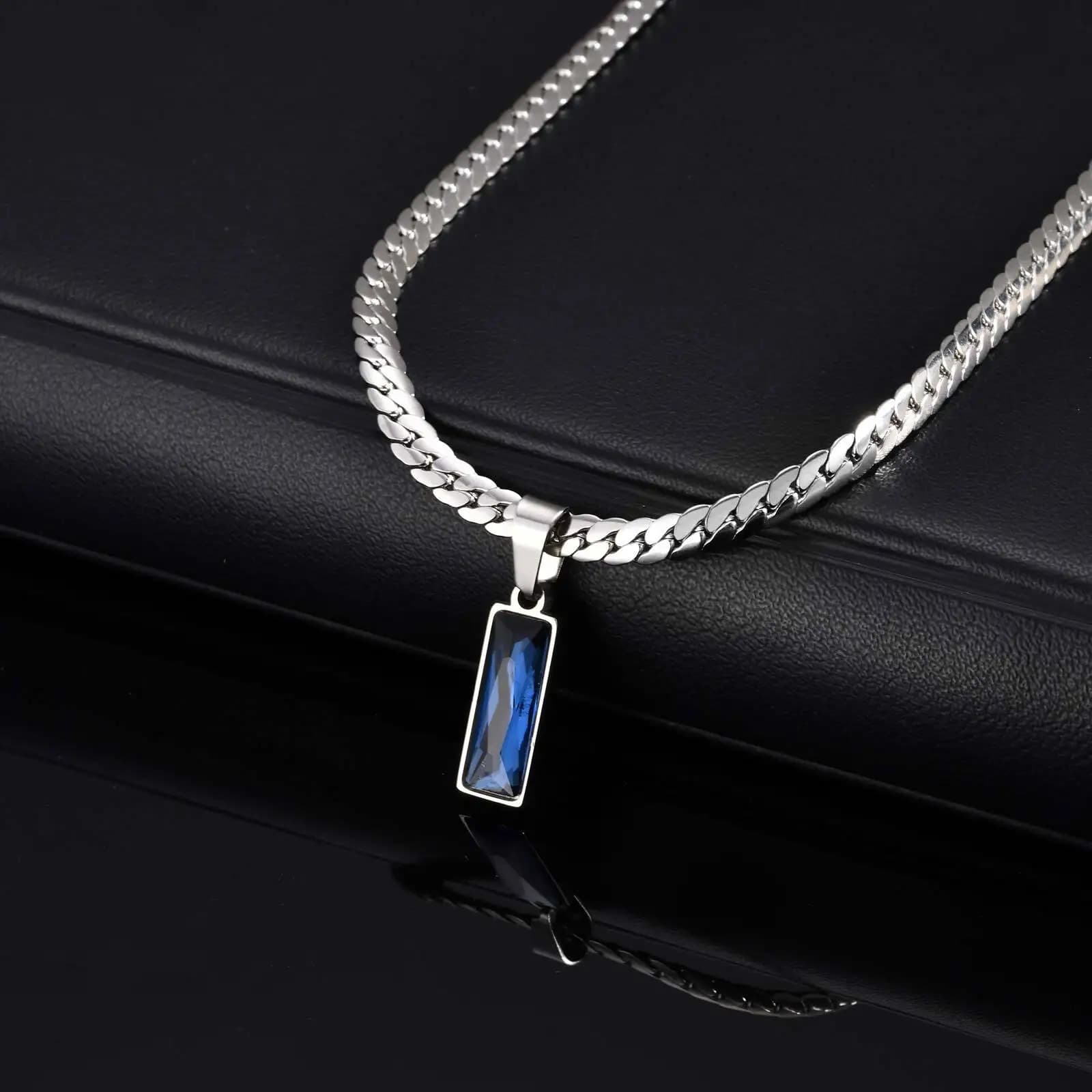Sea Blue Geometric Pendant Necklace for Men Boys,Stainless Steel Blade Flat Cuban Chain Collars,Hip Hop Cool Jewelry Gift