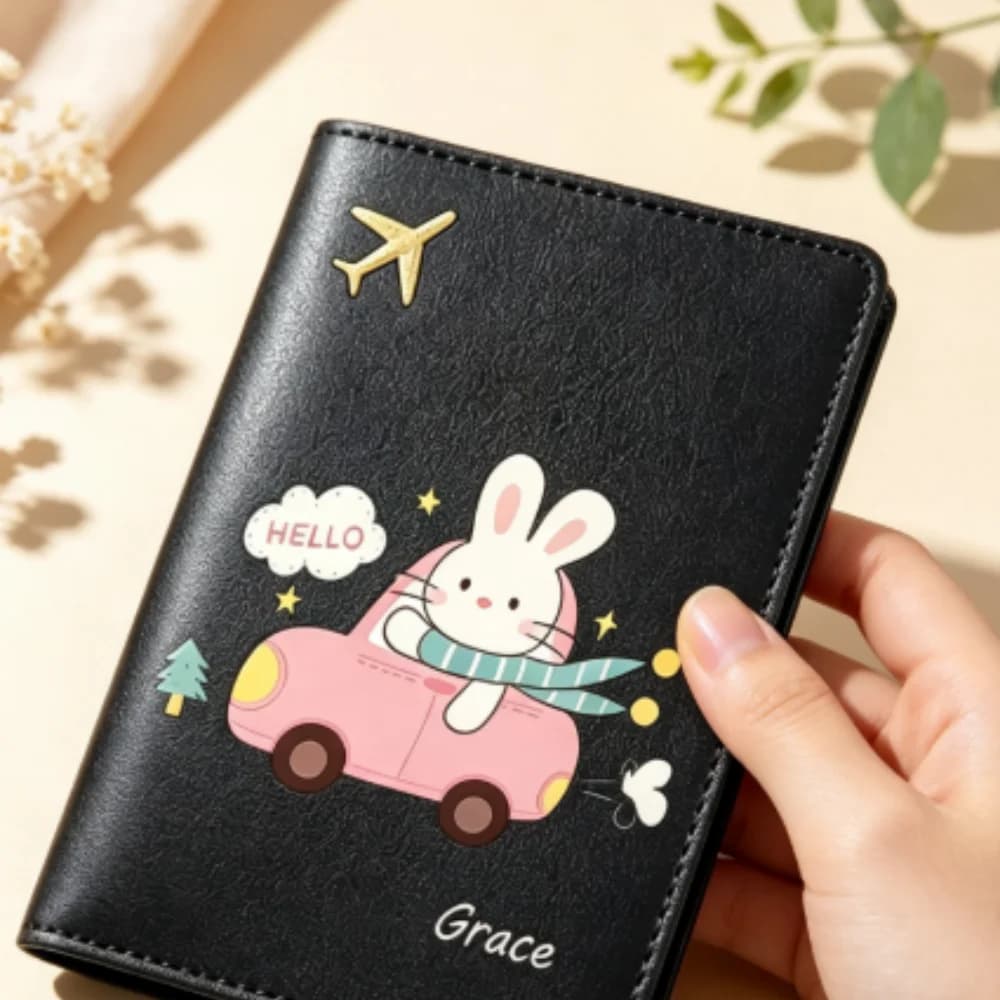 Customized Name Cartoon Rabbit Passport Holder, 6 Colors Personalized Travel Pouch For Airplane Documents Protection
