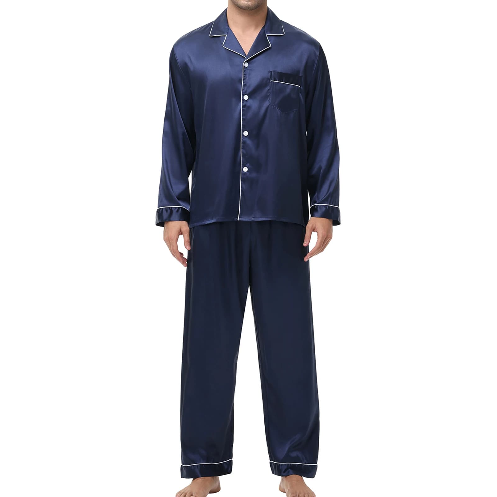 Indumenti da notte da uomo in seta di seta di ghiaccio Pantaloni a maniche lunghe da uomo Set completo da casa Set da notte da notte con risvolto in tinta unita morbido e accogliente