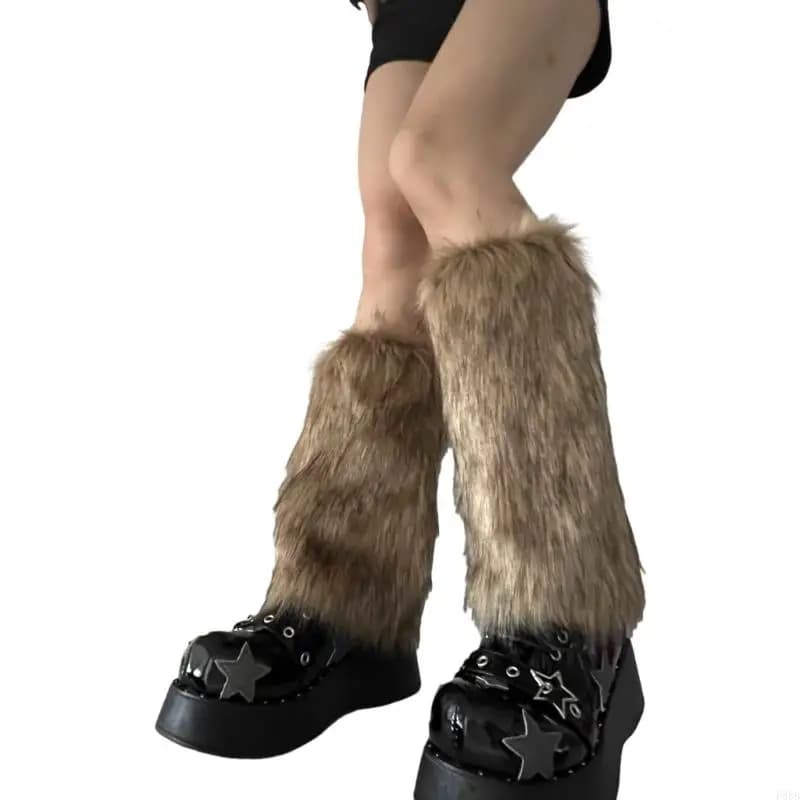 P88B Fuzzy Pellicce sintetiche Scaldamuscoli Pellicce Tacchi Stivali lunghi Polsini Copertura Ha elastico paio Carnevali Y2K