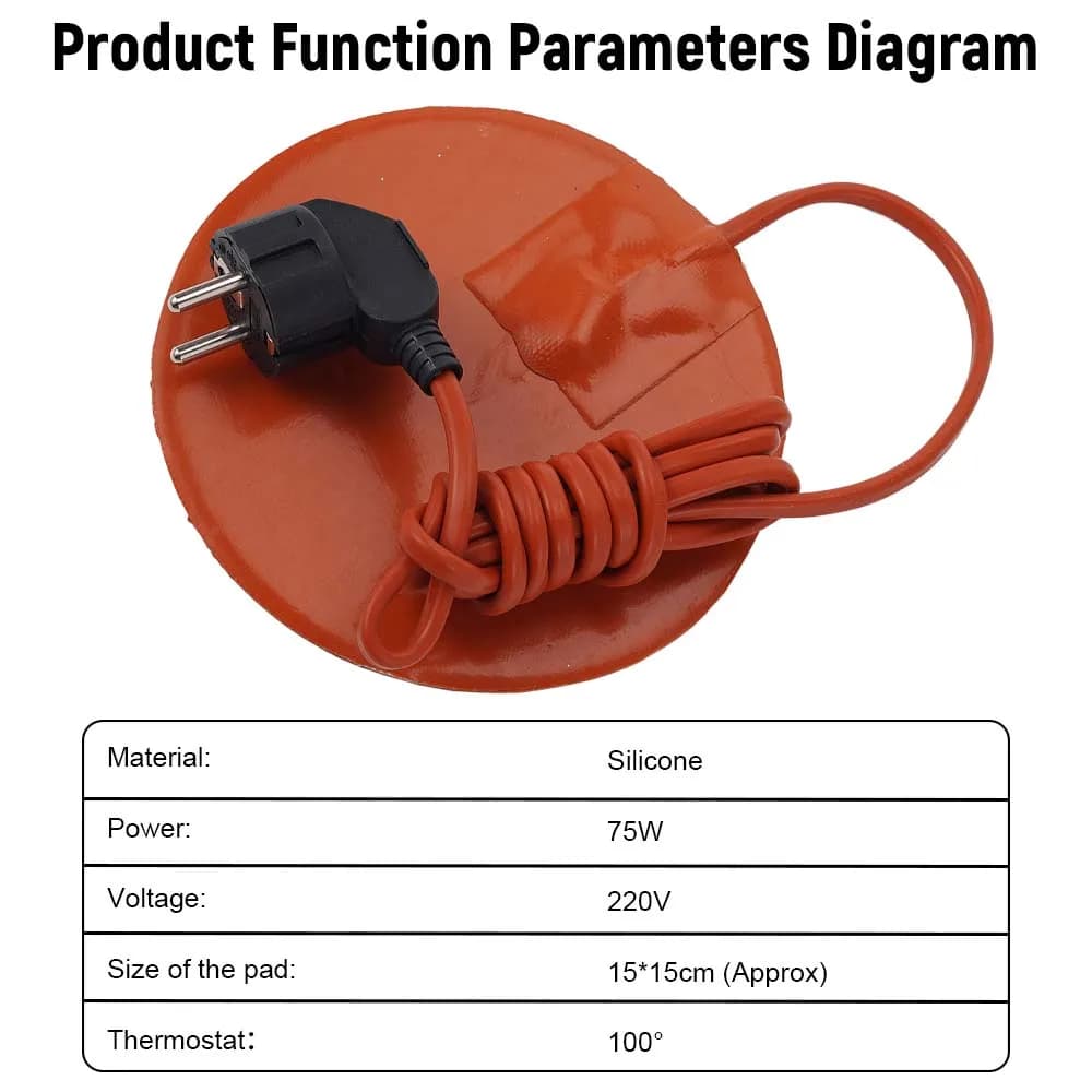 Round Silicone Heating Pad 220V 75W 15Cm Diameter Waterproof Self‑Adhesive Heater Mat 2M Power Cord For Engine Oil Drum Unit