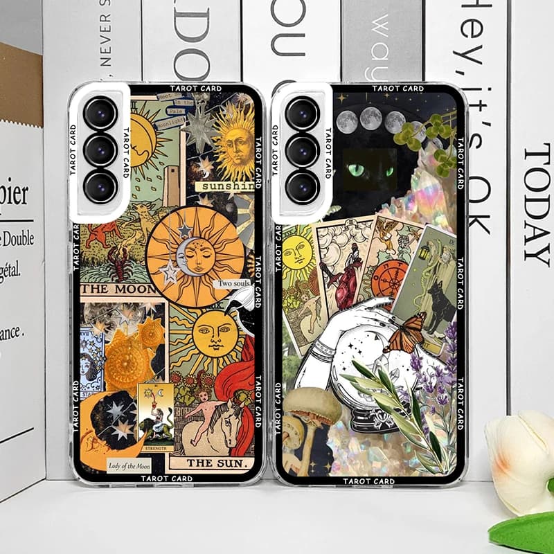 Custodia per telefono astratta strega tarocchi card collage art per Samsung Galaxy S25 S24 S23 S22 S21 S20 Plus Ultra FE A55 Cover morbide trasparenti