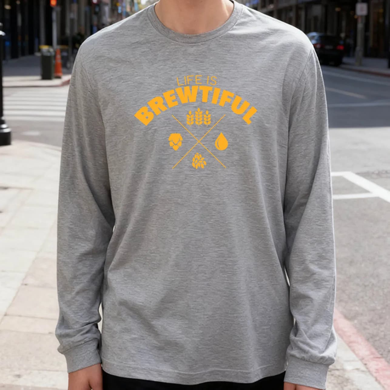 Life Is Brewtiful 180g Long Sleeved T-shirt 100% cotton printed casual crew neck to wear every day soft and breathable