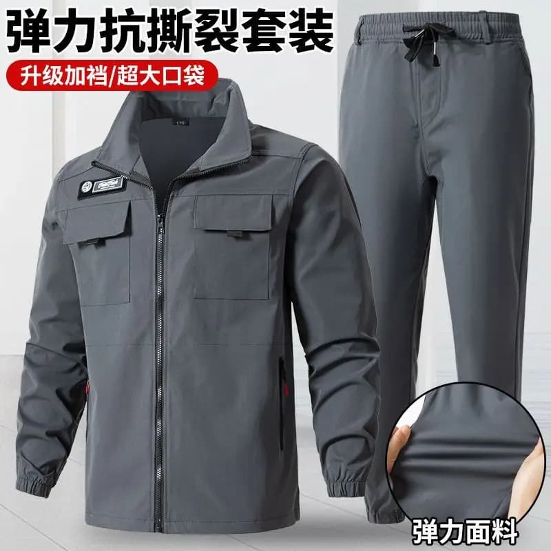 Men Light Gray Stretch Work Jacket Waterproof Wear Resistant Outdoor Construction Auto Repair Multi Pocket Labor Work Coat