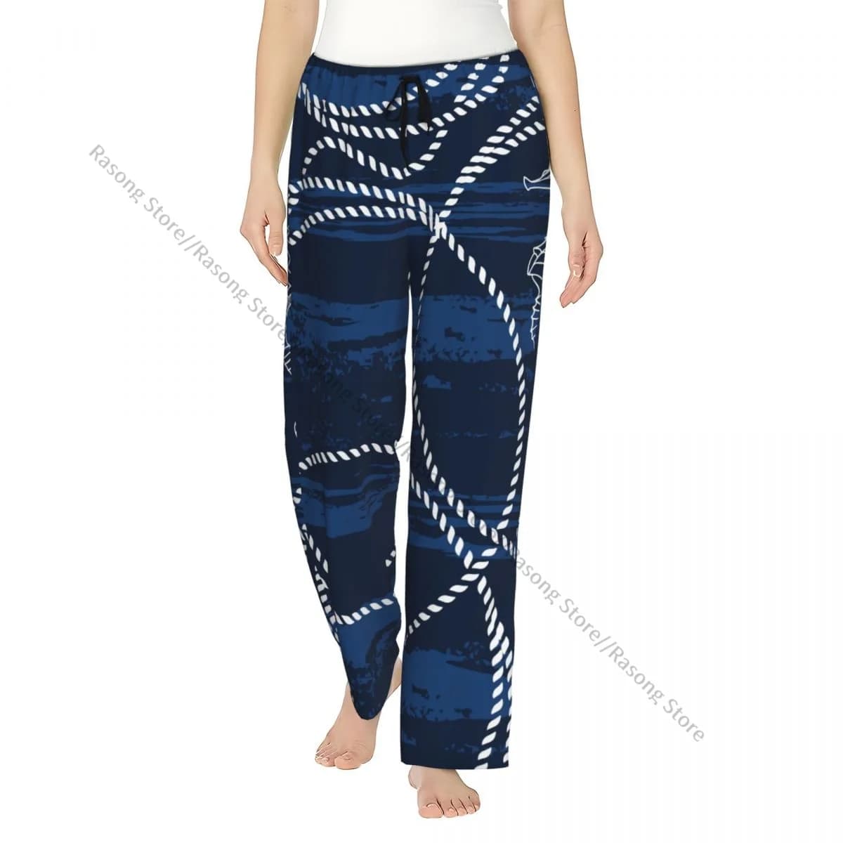 Pantaloni da pigiama da donna caldi Cavallucci marini e corde marine Pantaloni da notte in flanella con stampa blu scuro Pigiama in morbido pile