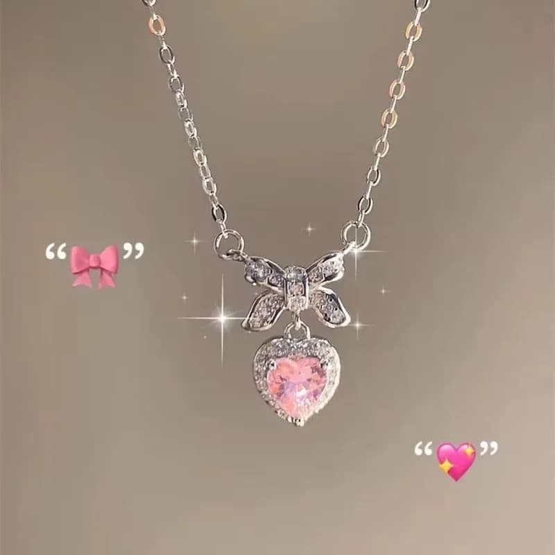 Collana con fiocco rosa dolce e grazioso, collana da donna alla moda con strass scintillanti, ciondolo a forma di cuore, catena per clavicola, delicati accessori da sposa