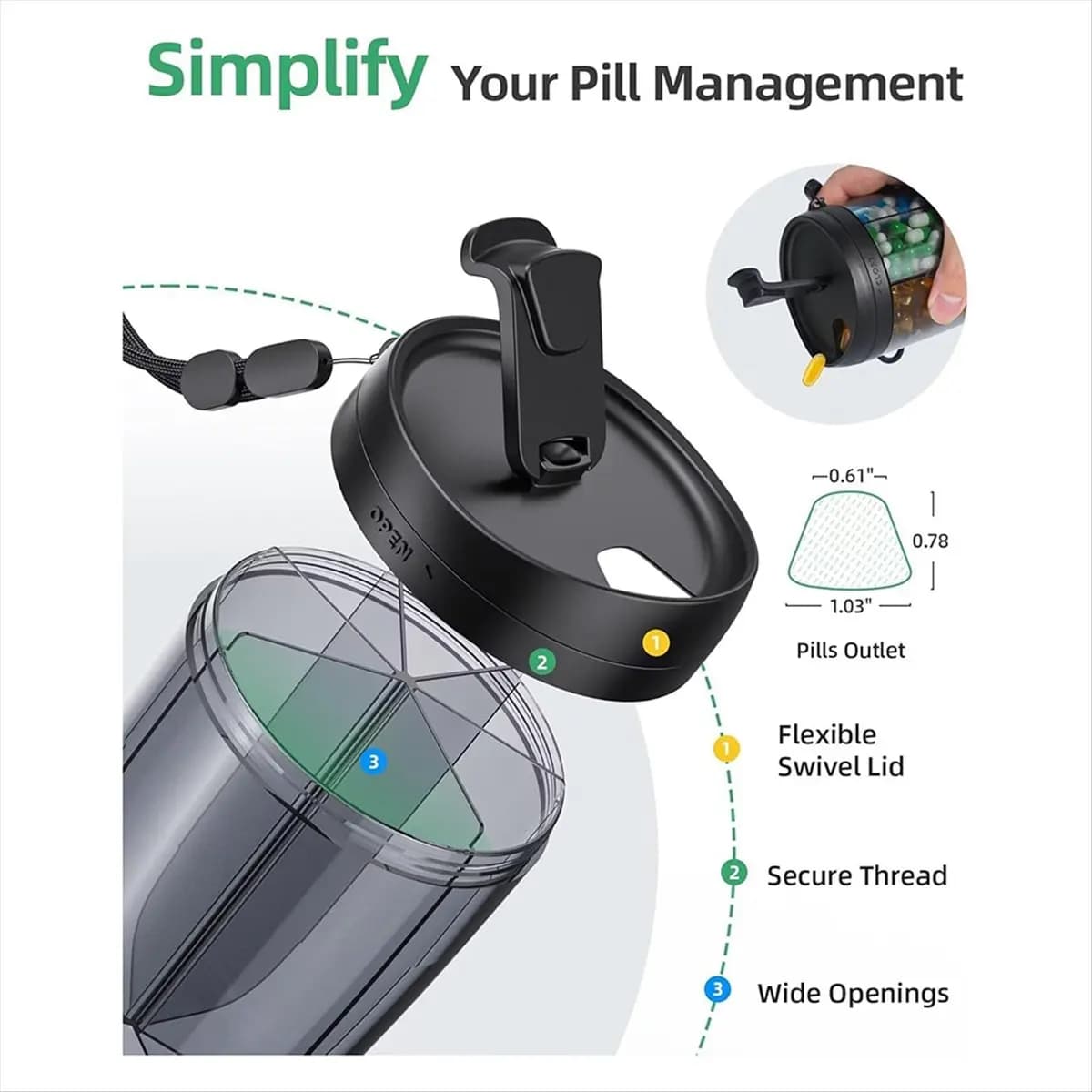A78I 6 large bottle holder grills, integrator organizer, to contain 7 various vitamins, travel pills
