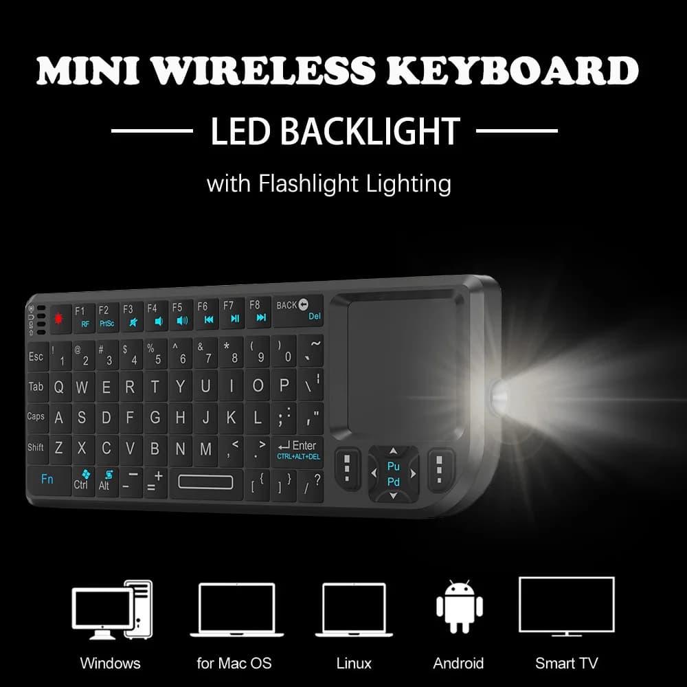 Tastiera wireless 2.4G con mouse touchpad retroilluminato a 7 colori e torcia - applicabile portatile - Perfetto per PC Smart TV Box
