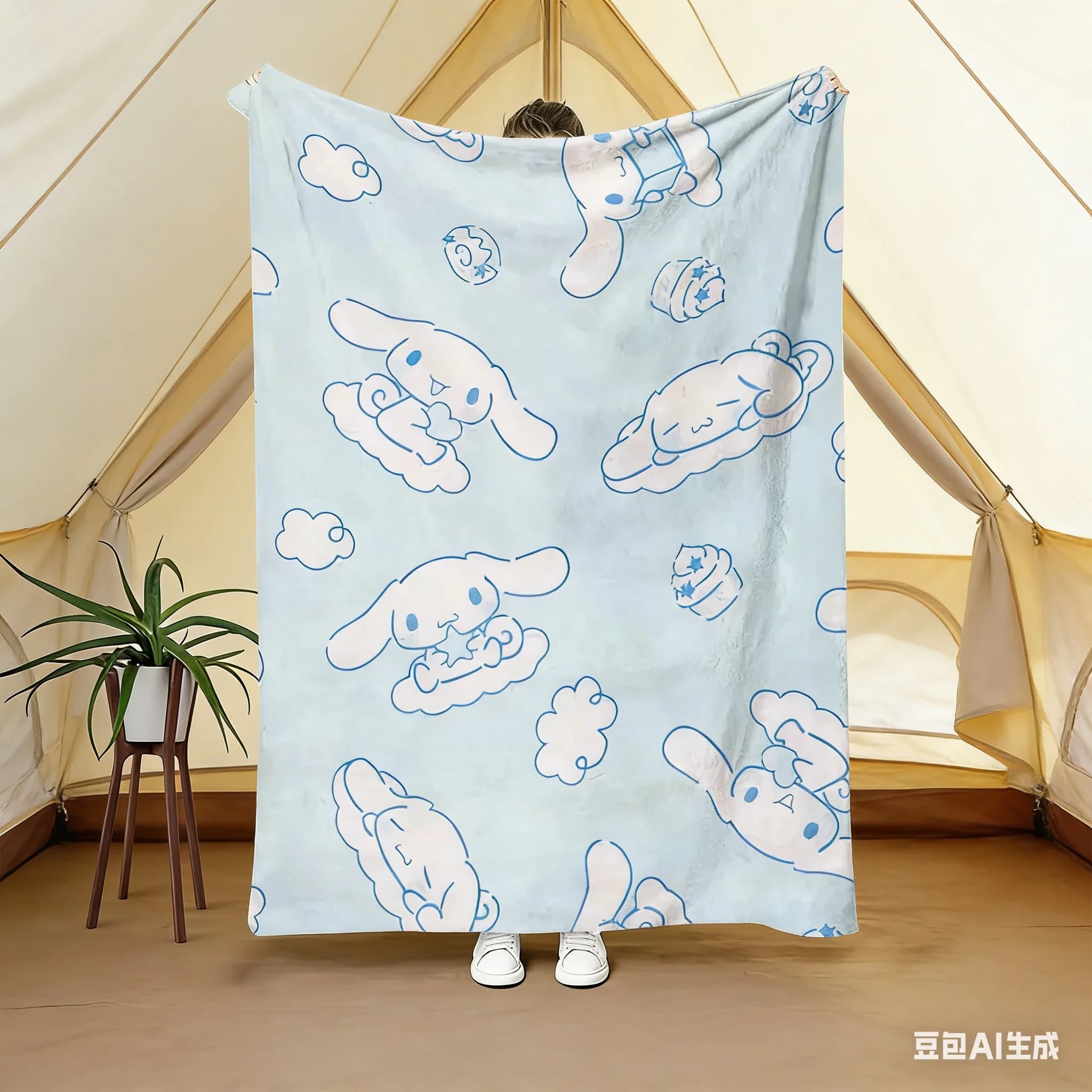 Coperta in flanella Cloud, morbido plaid con stampa blu chiaro, decorazione accogliente a tema Sanrio per camera da letto e soggiorno