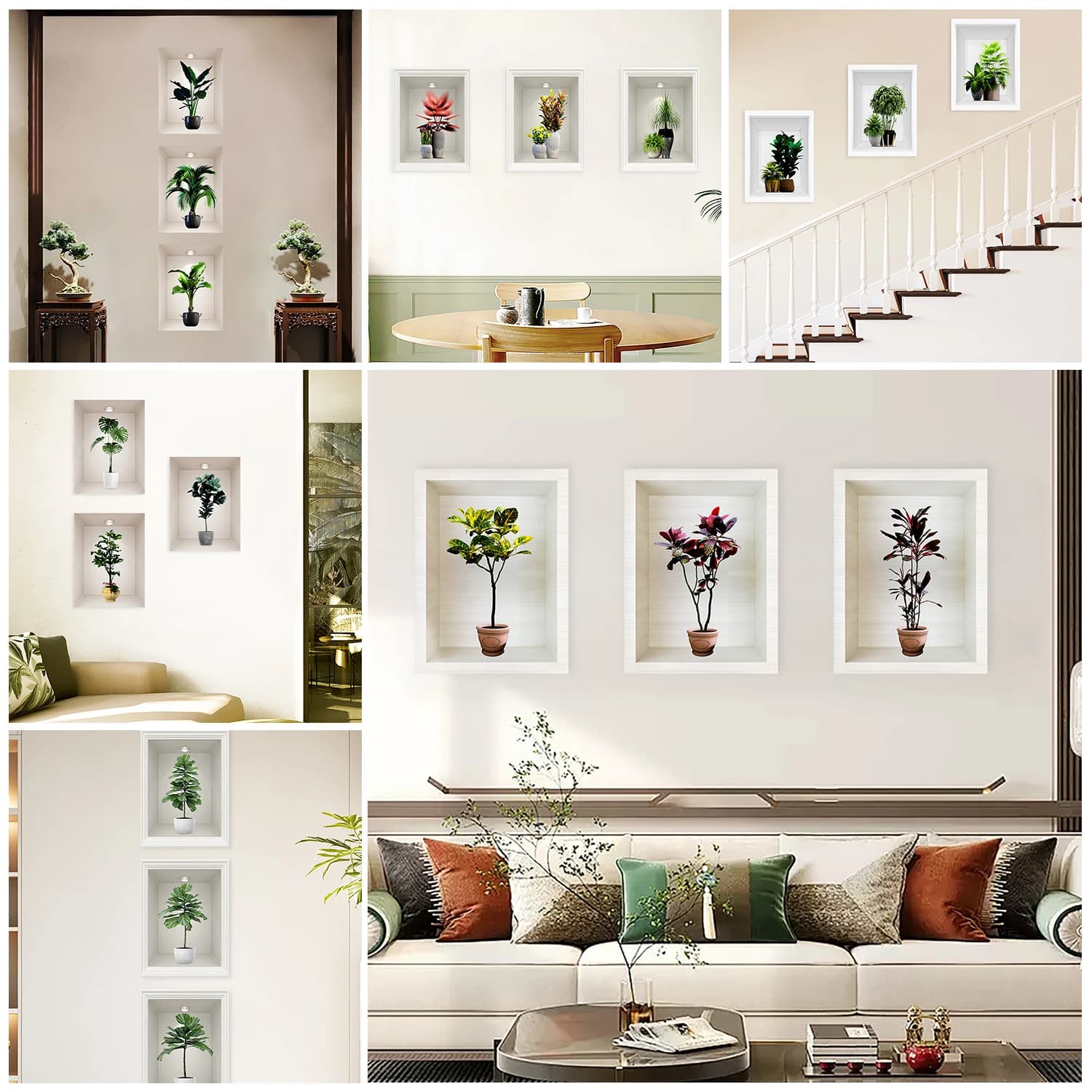 Set di 3 Adesivi Murali di Piante in Vaso Simulate, Decorazioni da Parete Autoadesive Impermeabili in PVC Senza Cornice